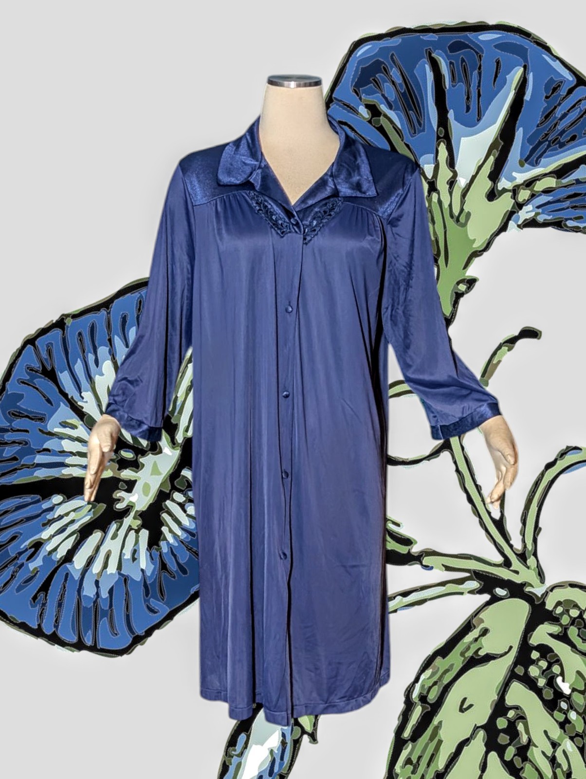 SOFT MOMENTS Blue Floral EMBROIDERED Nightgown 100% NYLON Button Up Womens Large