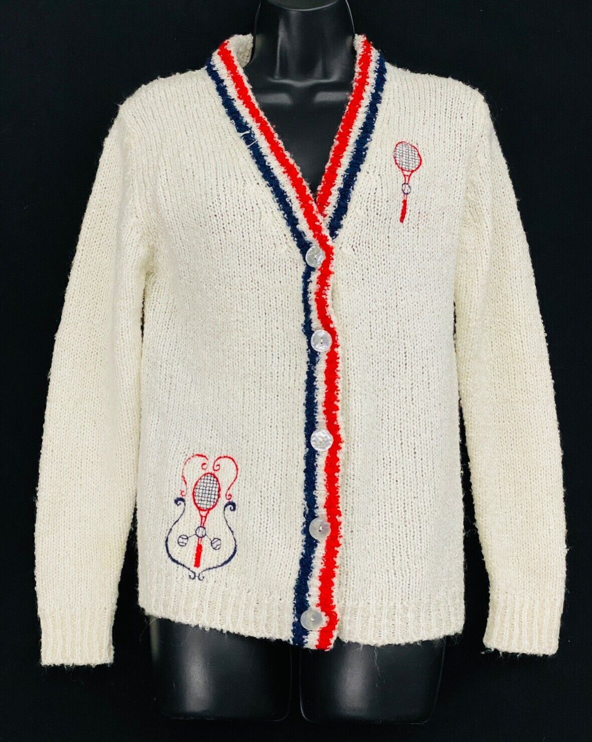 Vintage 1960s white sweater, sporty tennis novelty print cardigan red blue S M