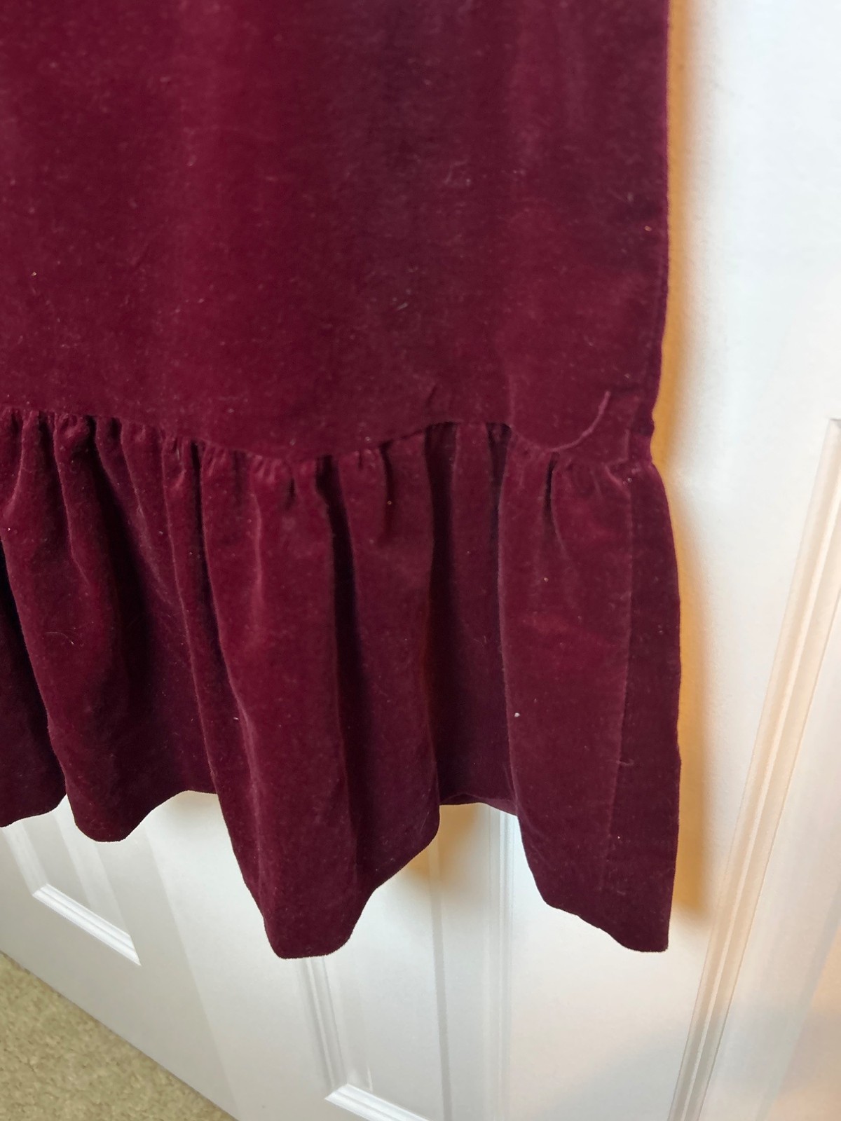 Vintage Burgundy Velvet Prairie Dress Lace Trim & Bow Detail Long Sleeve Ruffle