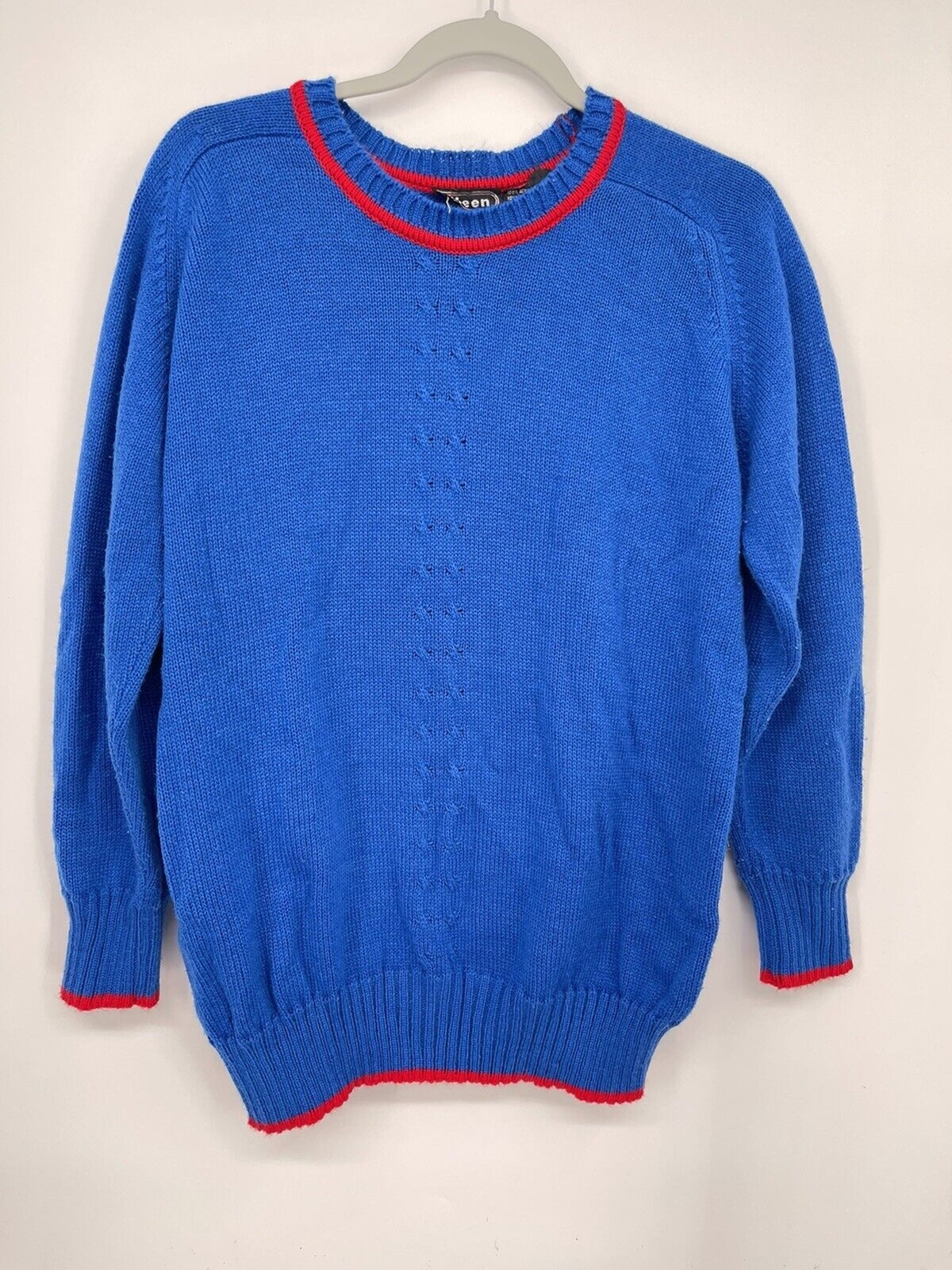 Eileen 42 Pullover Sweater Women Blue Good Vintage Red Trim Crew Neck Acrylic