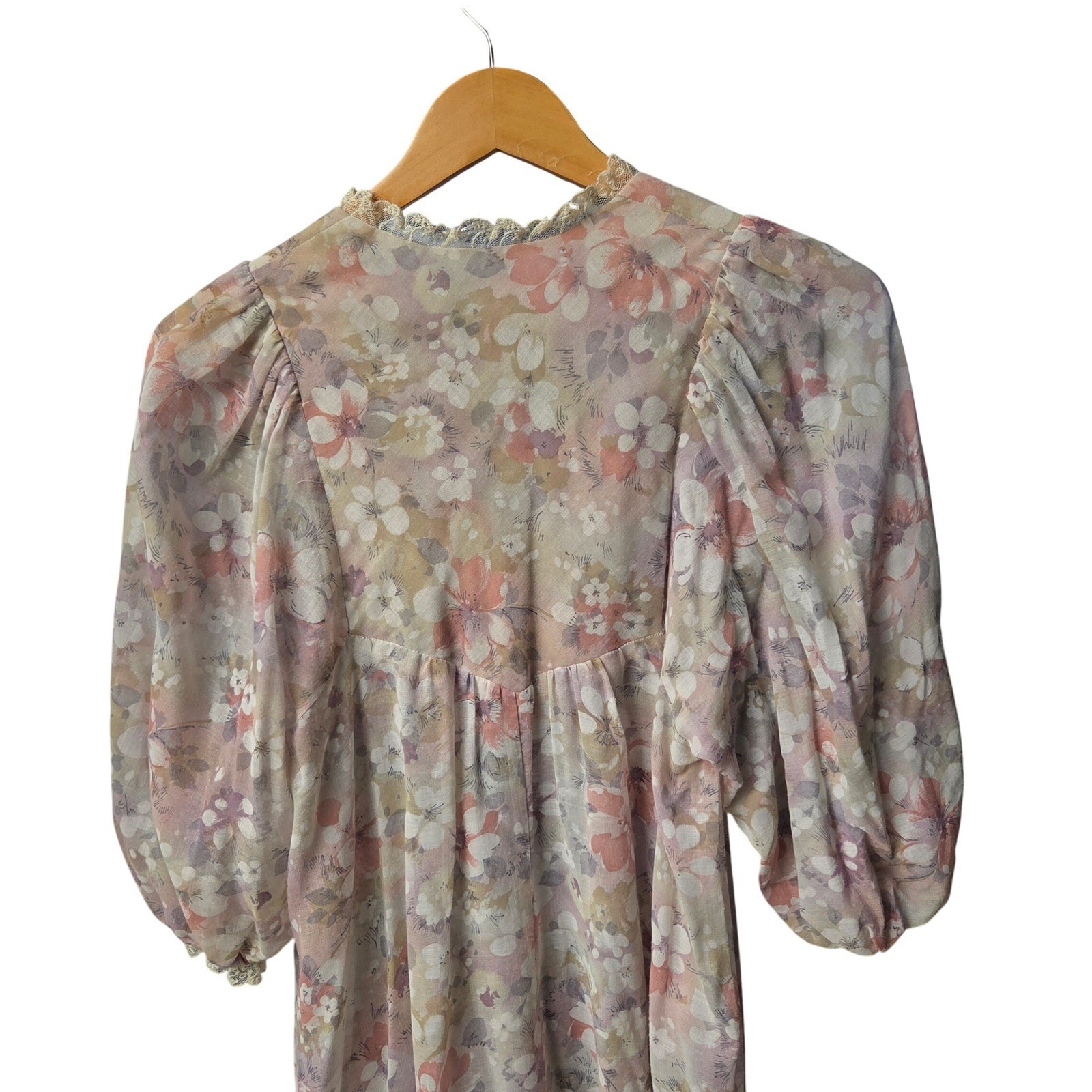 Vintage 70s Terri Juniors California Floral Lace Midi Dress Cottagecore Prairie
