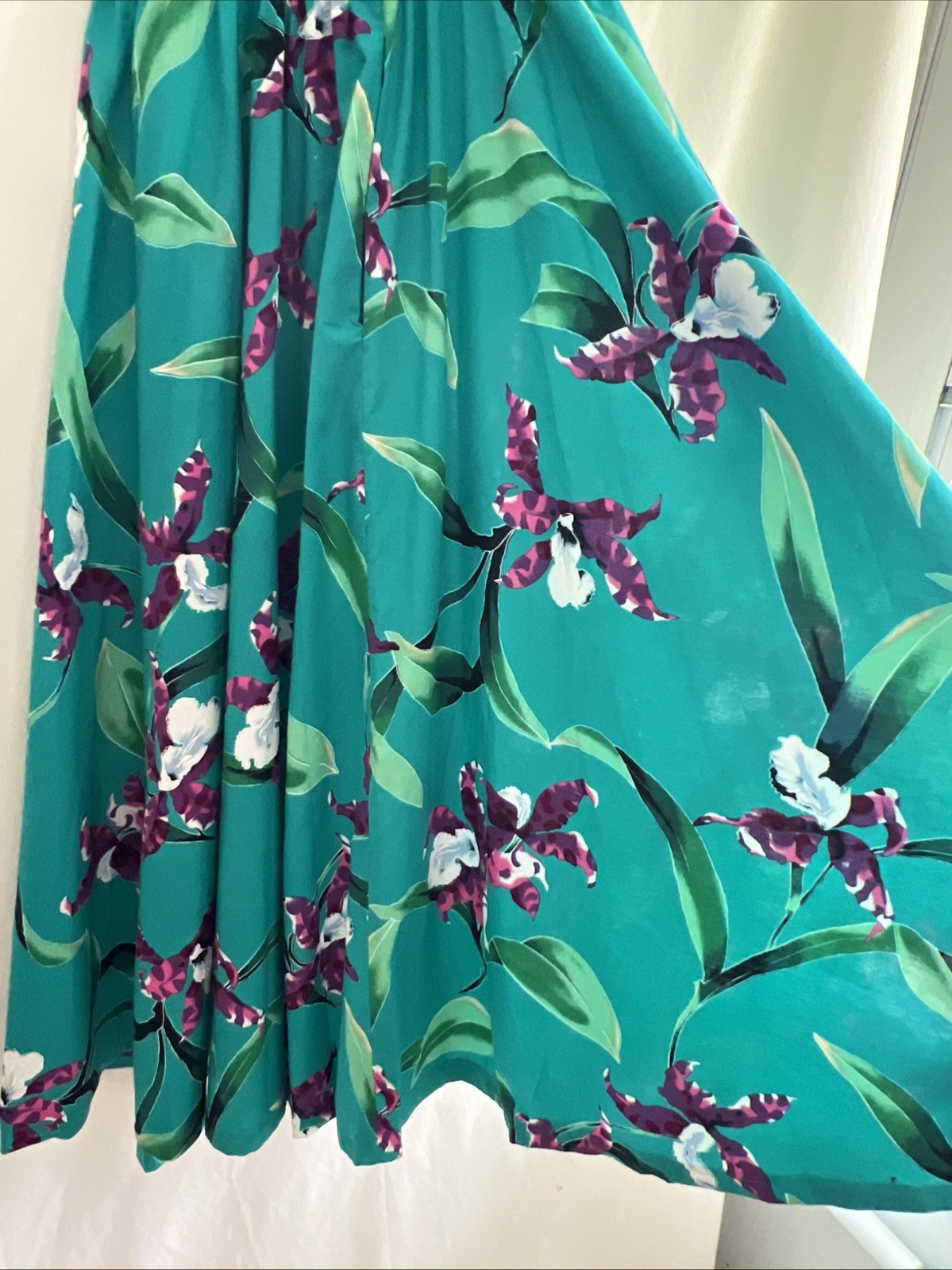 1980s Handmade One Shoulder Hawaiian Dress Teal W/Purple Orchid Flowers Size Sm