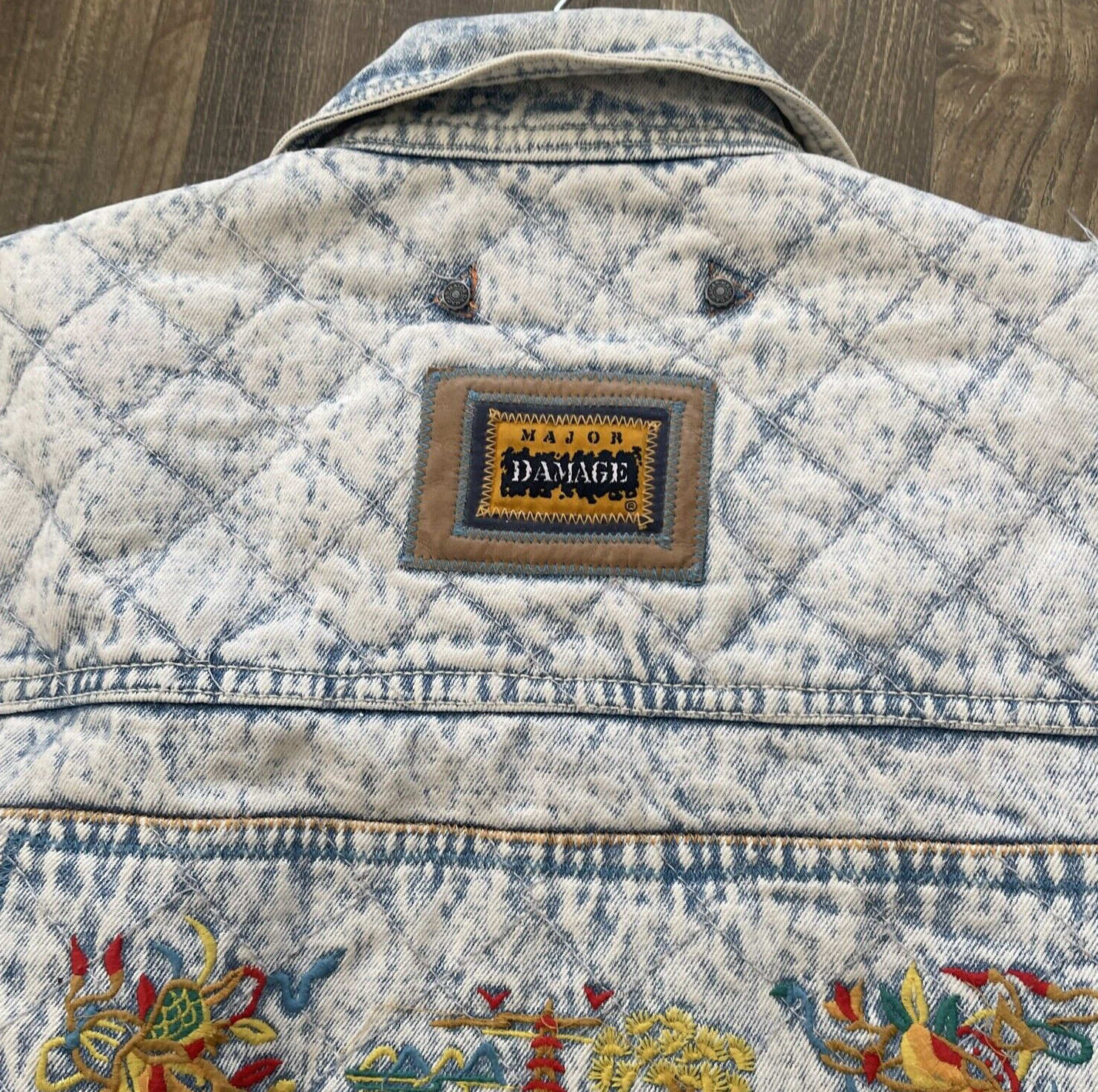 Major Damage Denim Quilted Bomber Jacket Size 1 Acid Wash Vintage