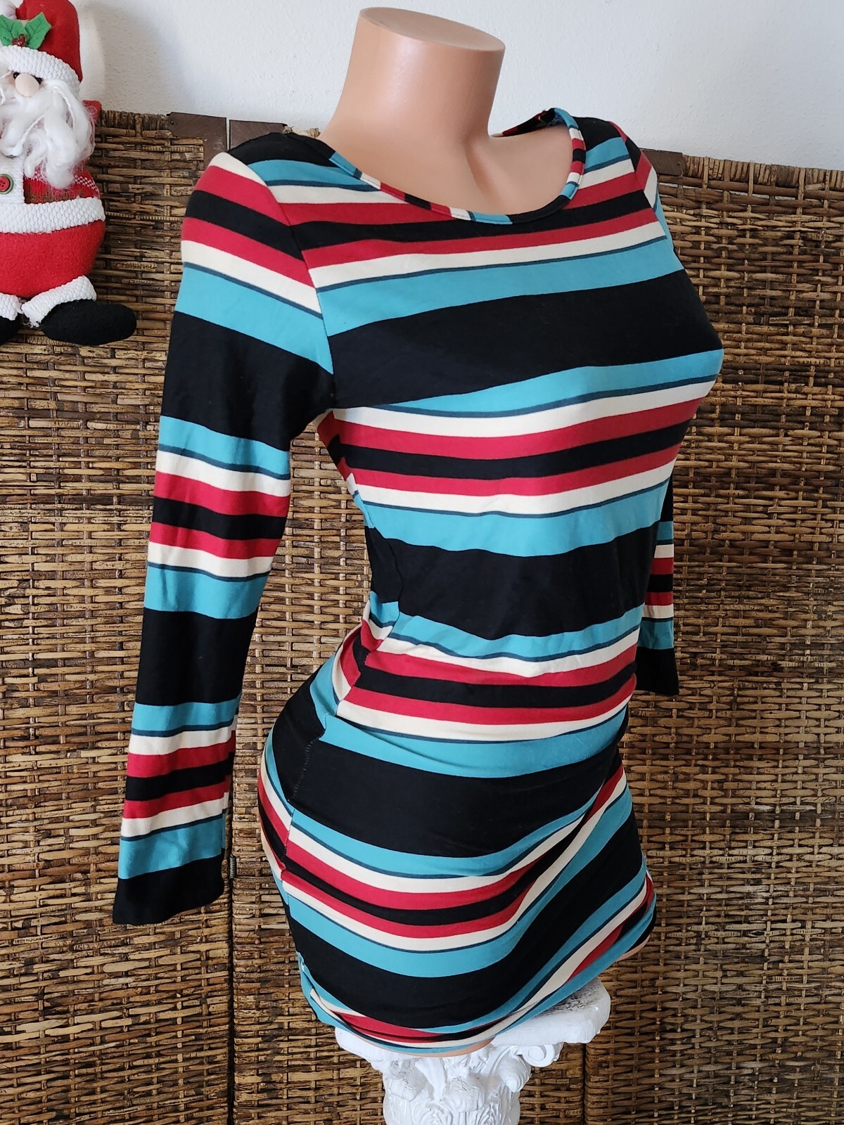 Bonded Bold Striped Vintage Y2K Bodycon T-Shirt Dress Long Sleeve Sz M Costume