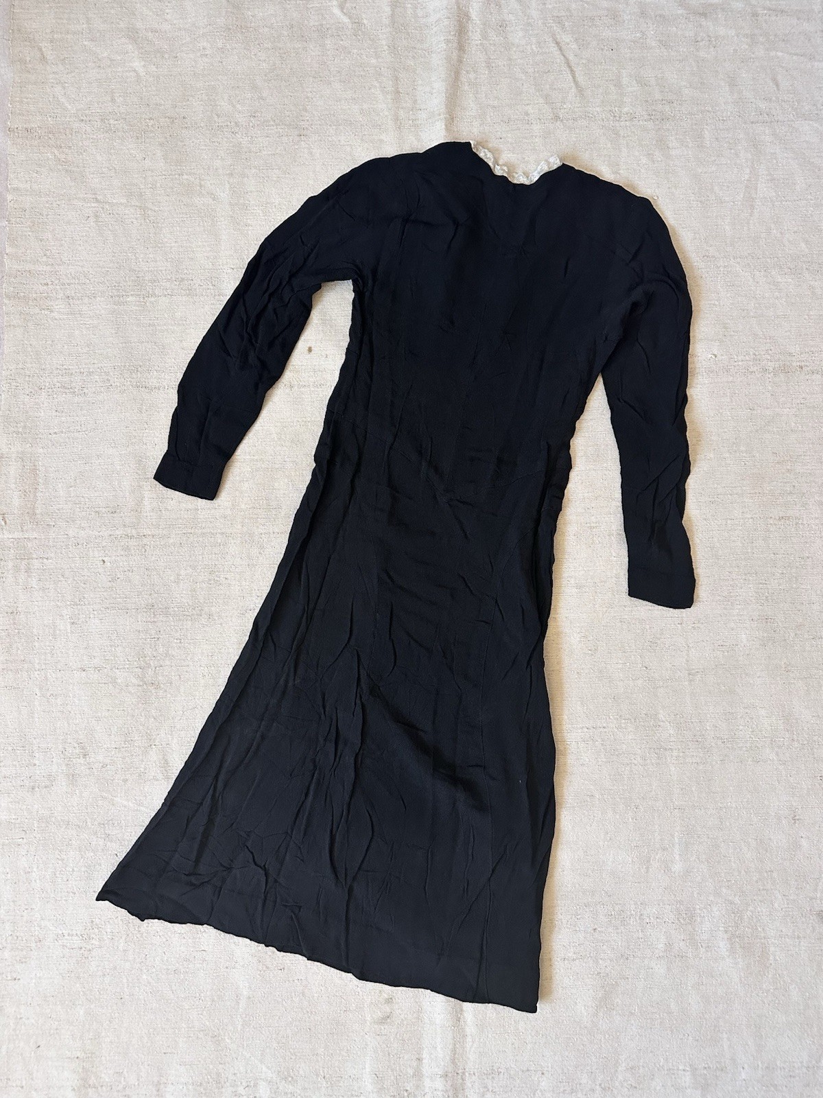1930s Antique Vintage Handmade French Bias Cut Silk Crepe Black Dress XXS XS