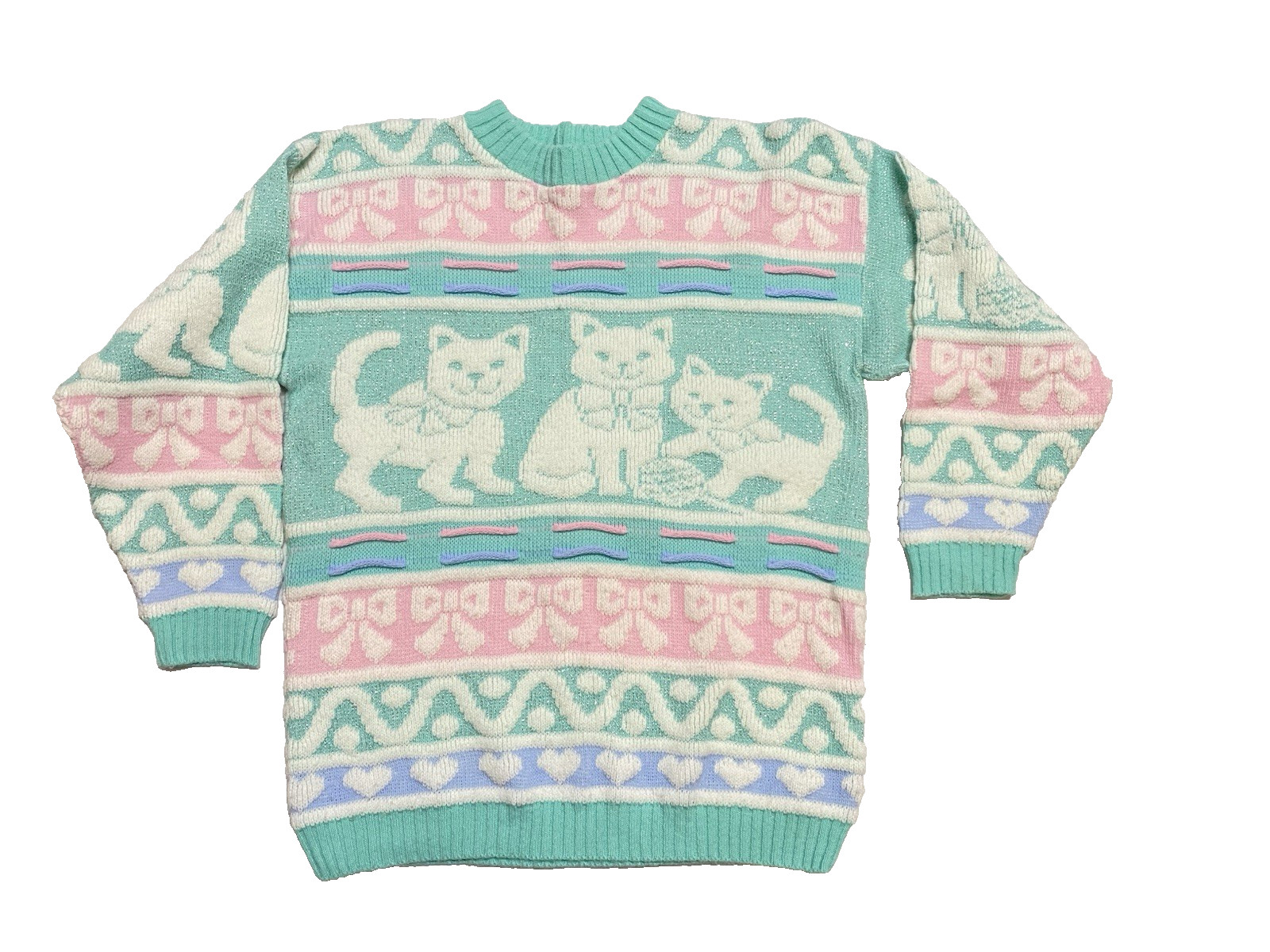Vintage 80s Women’s Sweater Rose Pastel Cats Knit