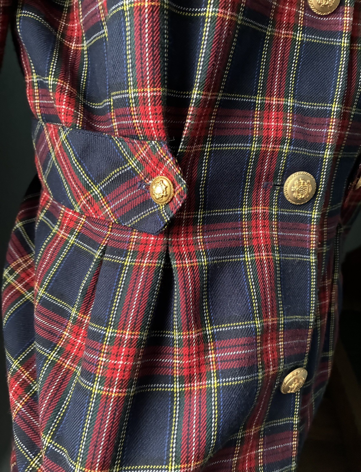 Vintage Laura Plaid 100% Cotton Dress Velvet Collar Gold Buttons USA 80s Sz 14