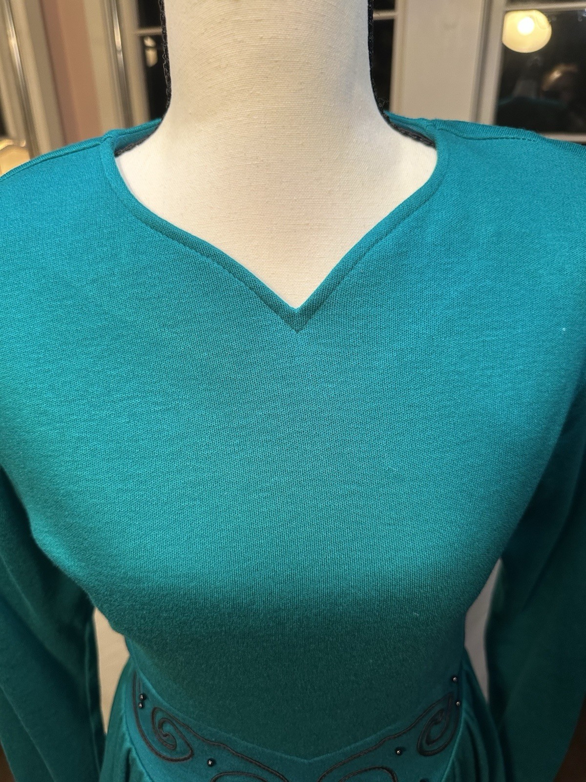 Vintage 80s Long Sleeve Green Dress Elegant Waist Pockets Fit To Flare Rodeo