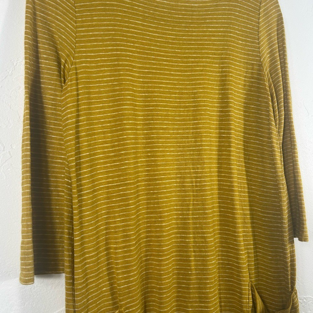 Eileen Fisher 100% Linen Stripe Mustard Yellow Pocket Dress Size XS or