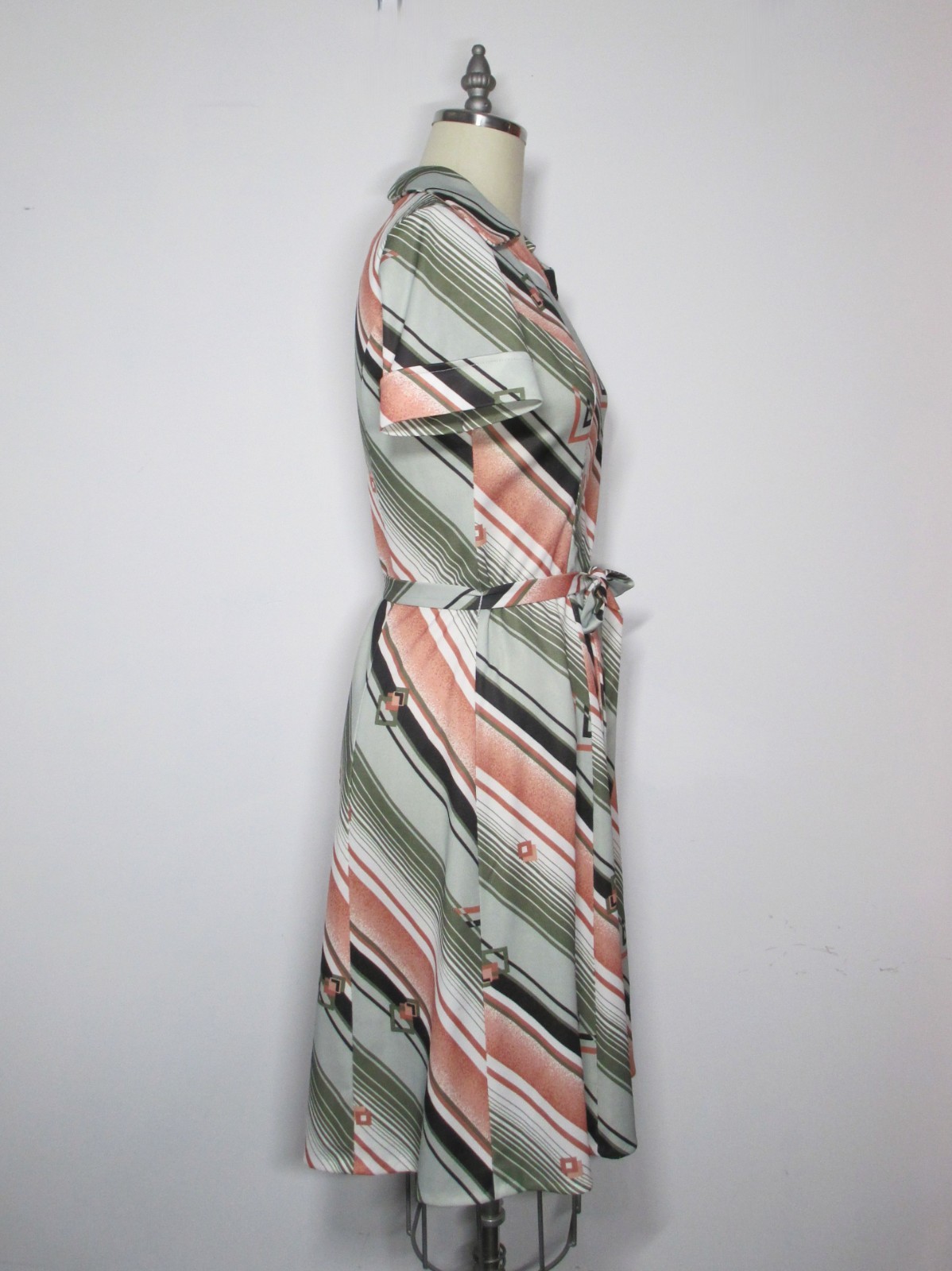 Vintage 70s Polyester A-line Dress, Olive, Pink& Black, Nice, Size M