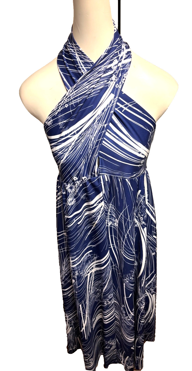 VTG 70’s Halter MAXI Dress Navy Blue White Abstract Floral Size S/M Tall EXC!