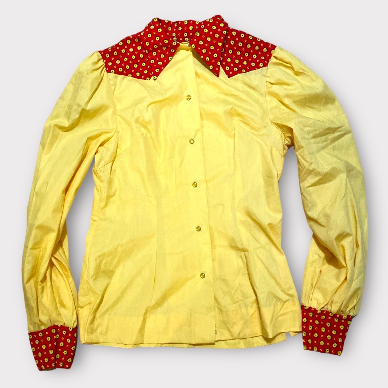 Vintage Women’s 70s Western Tem Tex Pearl Snap Yellow And Red Long sleeve