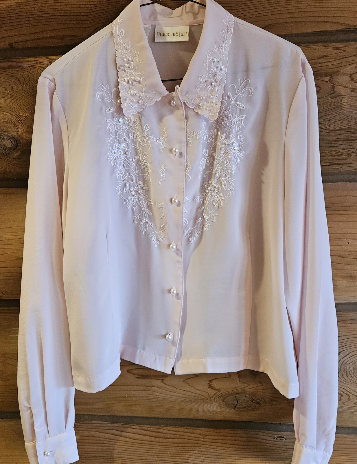 Christie & Jill Silk Embroidered Button Down Long Sleeve Blouse Pale Pink 12