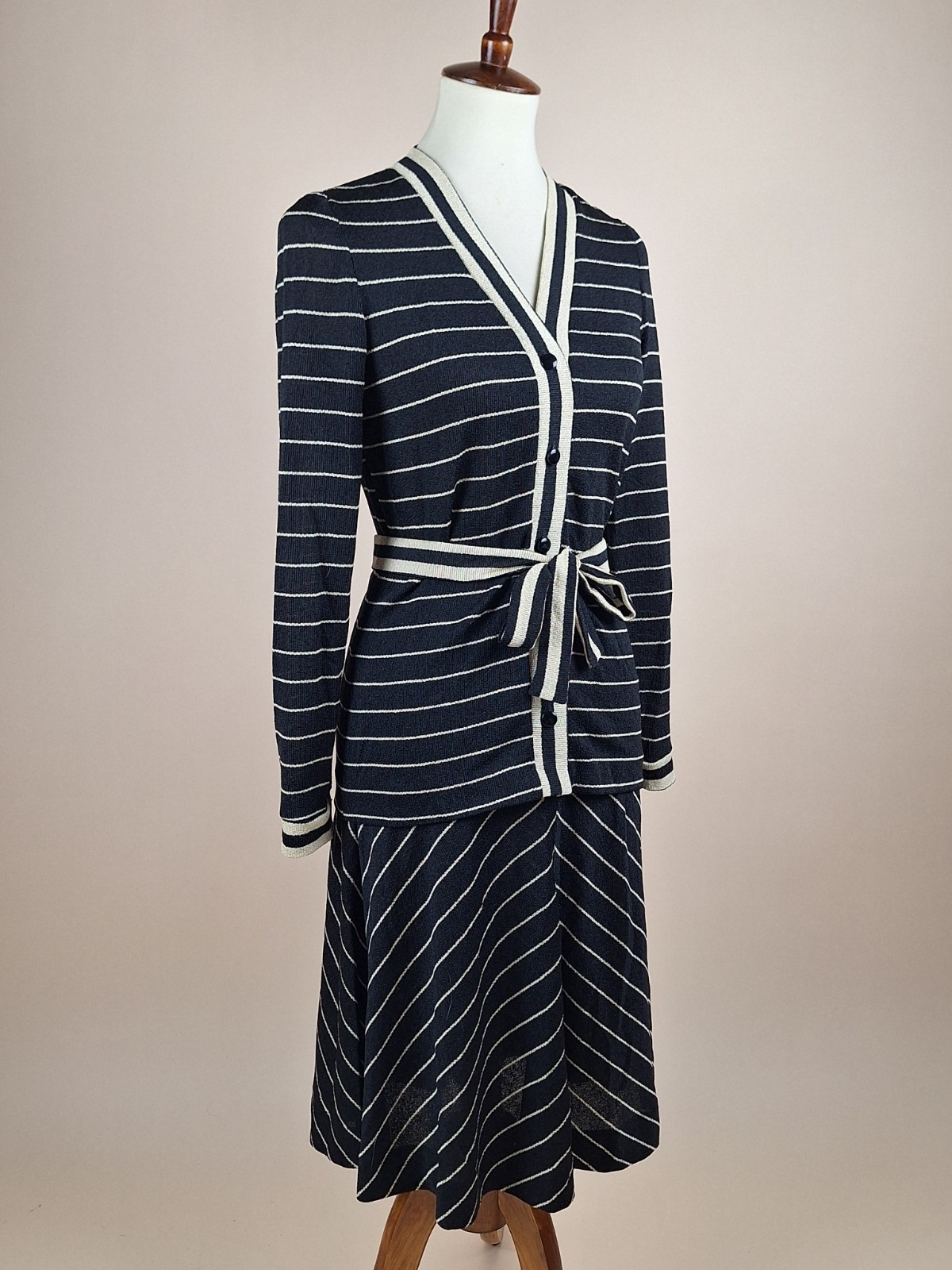 Vintage 1960s Black And Cream Knit Set Sweater Cardigan And Skirt With Ties