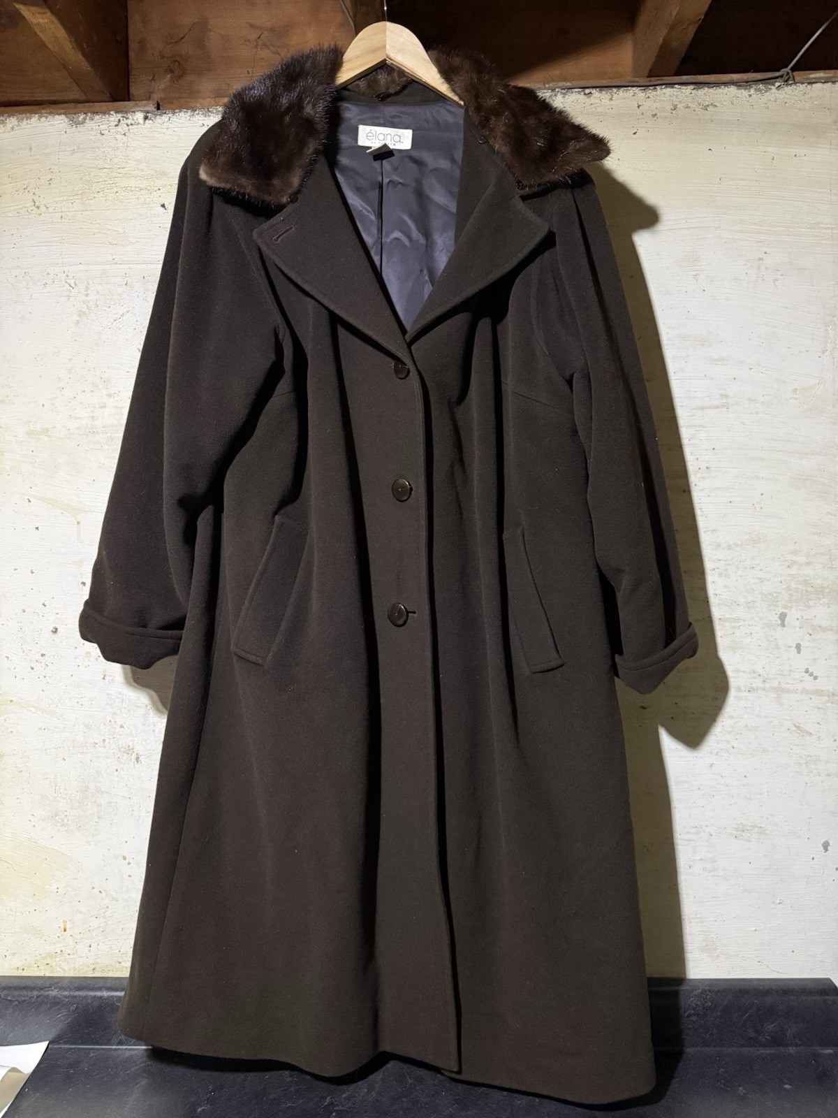 Vtg 90s Elana By Tanner Brown Wool Cashmere Coat with Detachable Mink Fur Collar