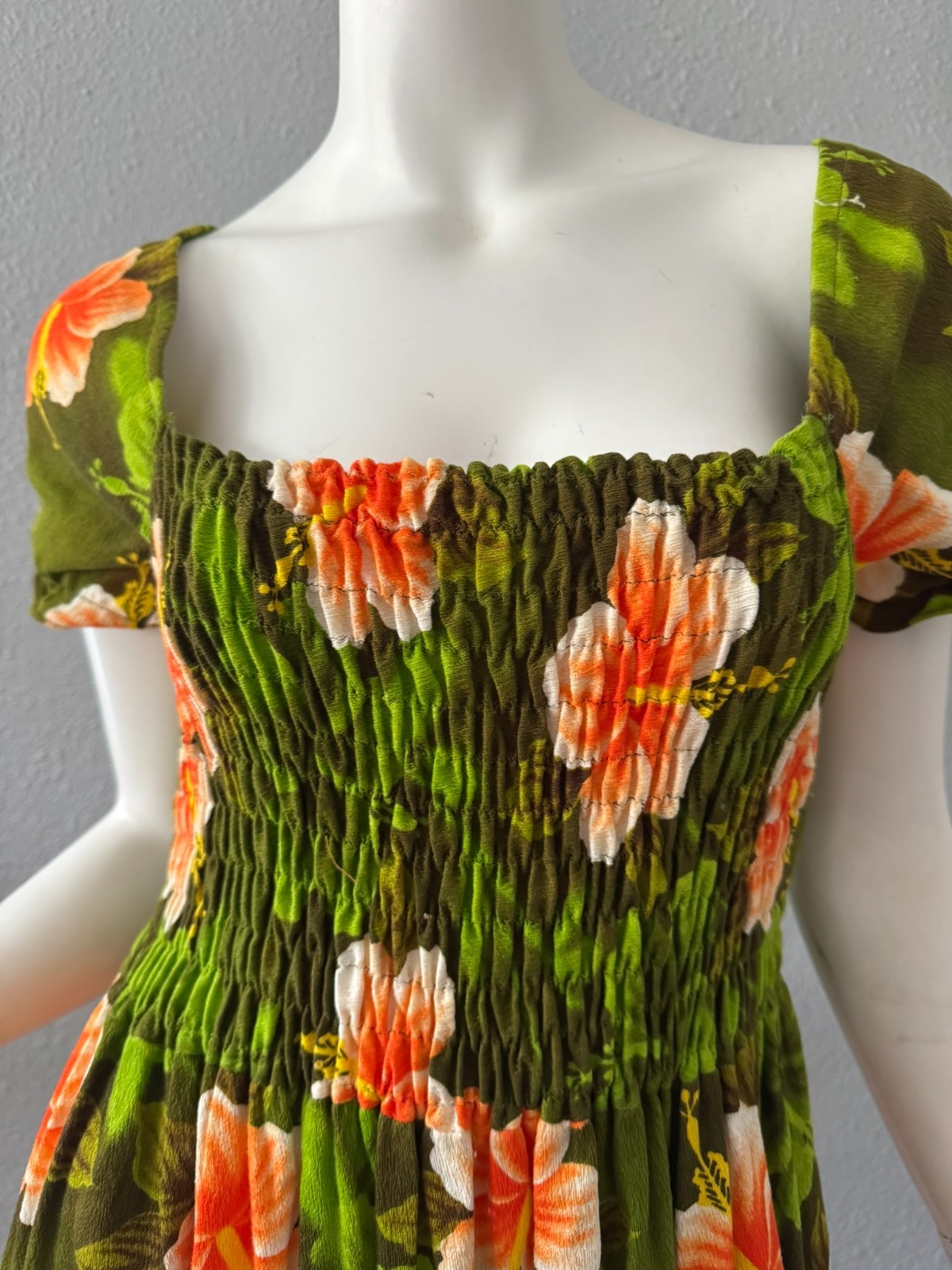 Vintage 60s Psychedelic Green Tropical HAWAIIAN Barkcloth Maxi Hippie Dress M