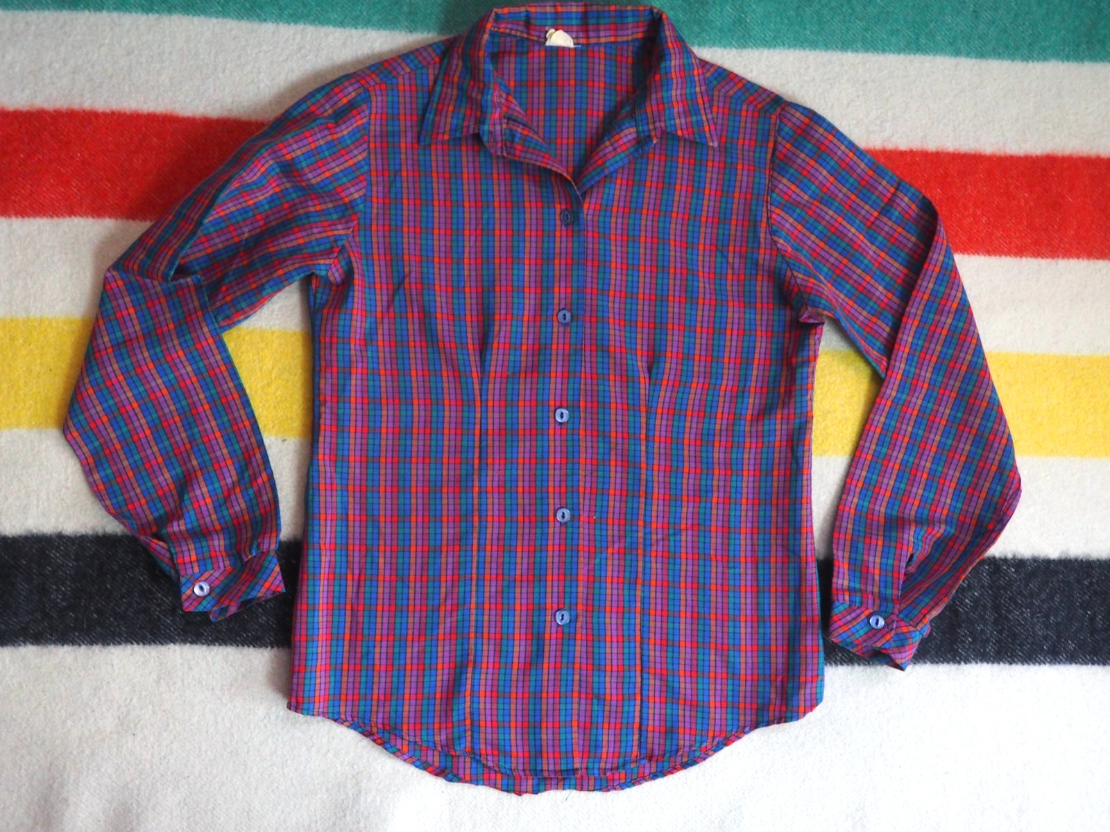 VTG 60s 70s Shirley Atlanta Retro Boho Hippy Purple Pink Check Button Shirt M