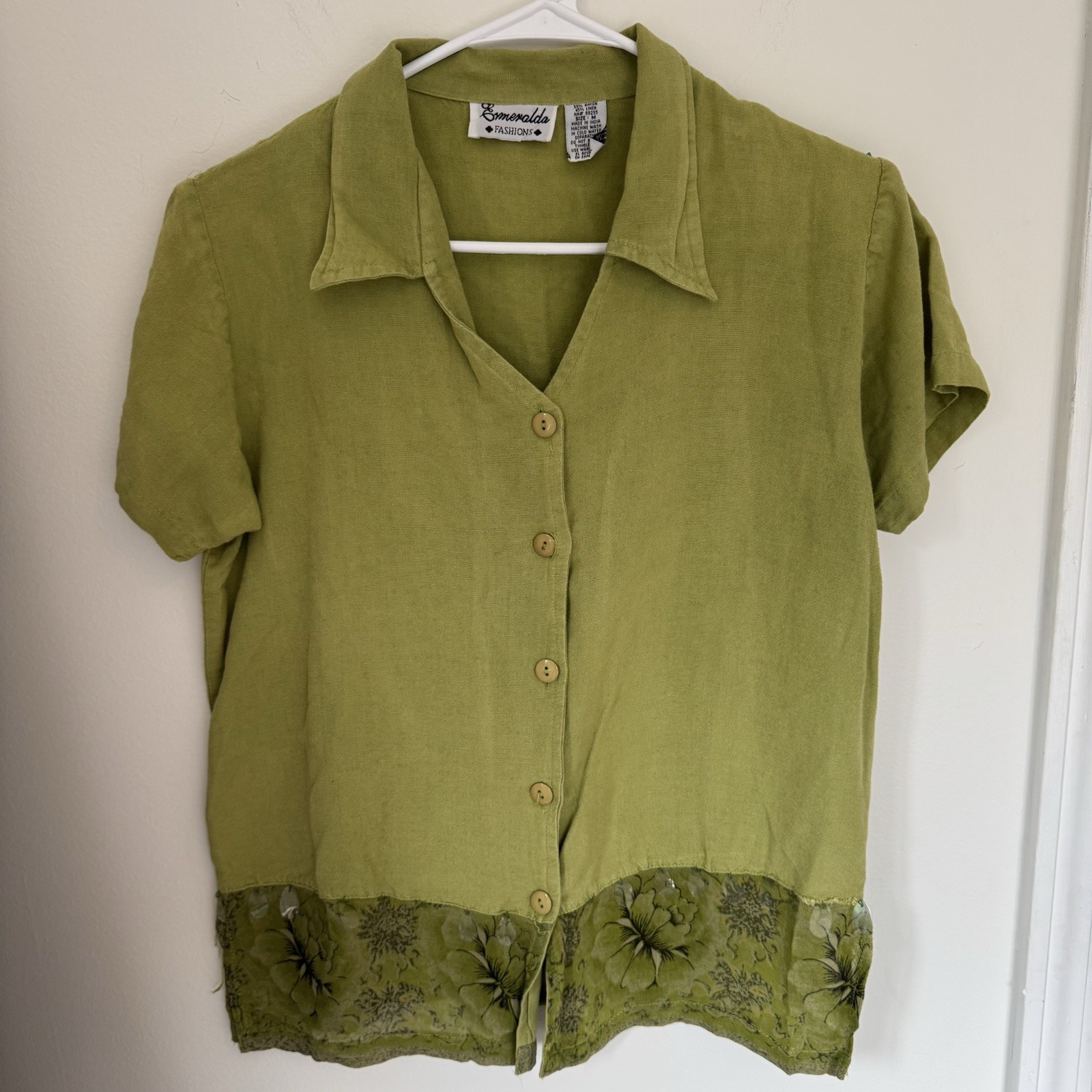 Vintage 90s Esmeralda Fashions Green Linen Blouse with Beaded Sequin Hem