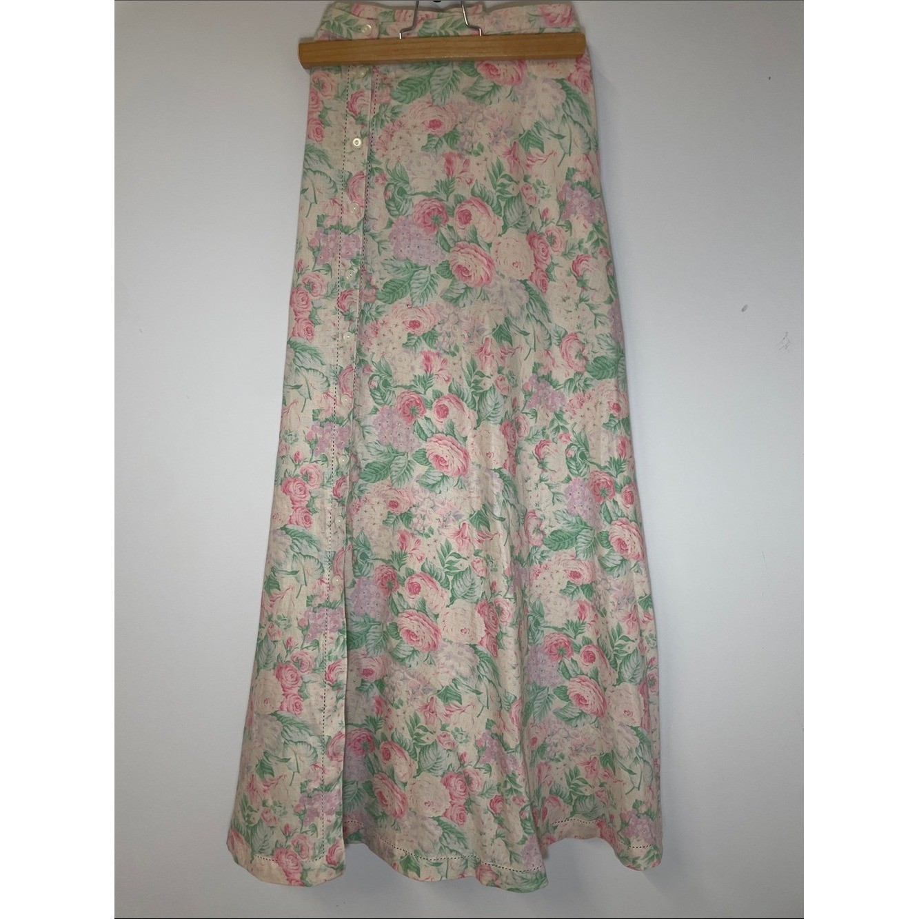 vintage Ralph Lauren 100% linen maxi skirt pastel rose print A-Line Maxi 1X/XL