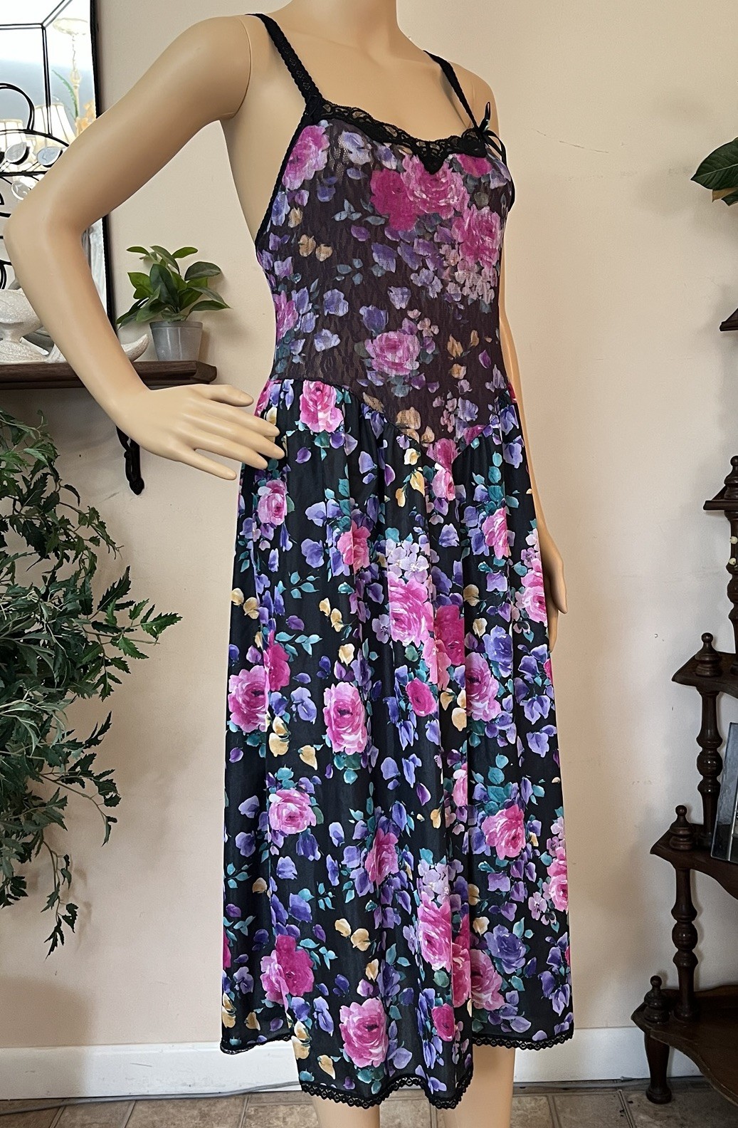 Vtg Feather Bed Intimates Slip Dress M Floral Nightgown Stretch Lace Ballerina