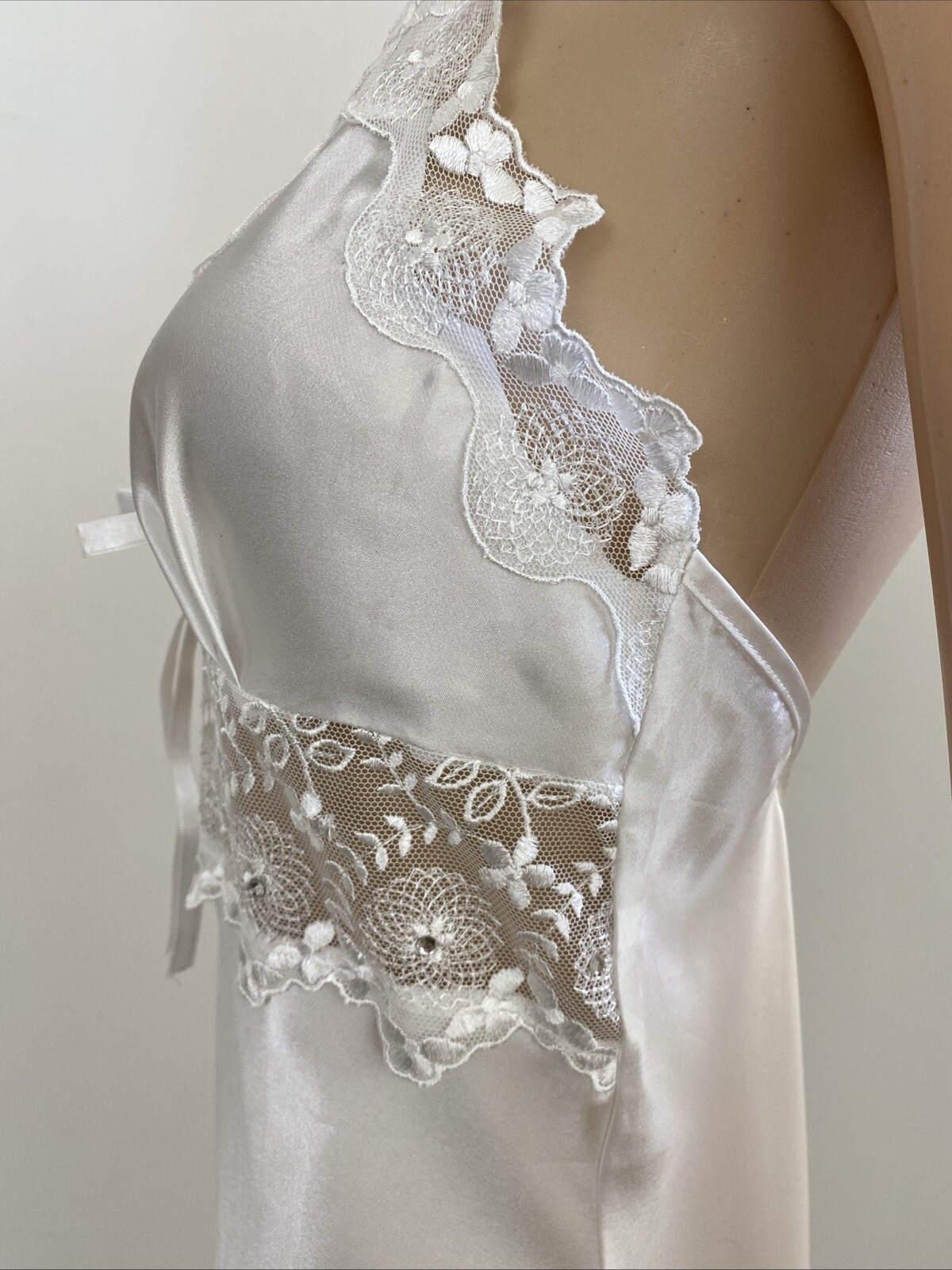 Vintage Espaur XXS-XS / 6-8 Bridal Nightie Negligee Set White Satin Floral Lace