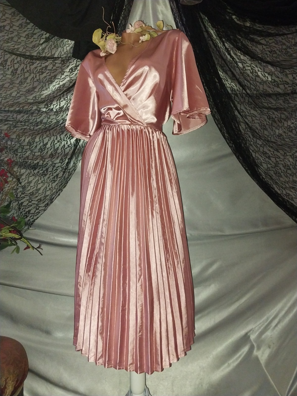 VTG SATIN LIQUID SHINY PINK CRYSTAL PLEAT MIDI GLAM DRESS L/XL PLUNGE HOLLYWOOD