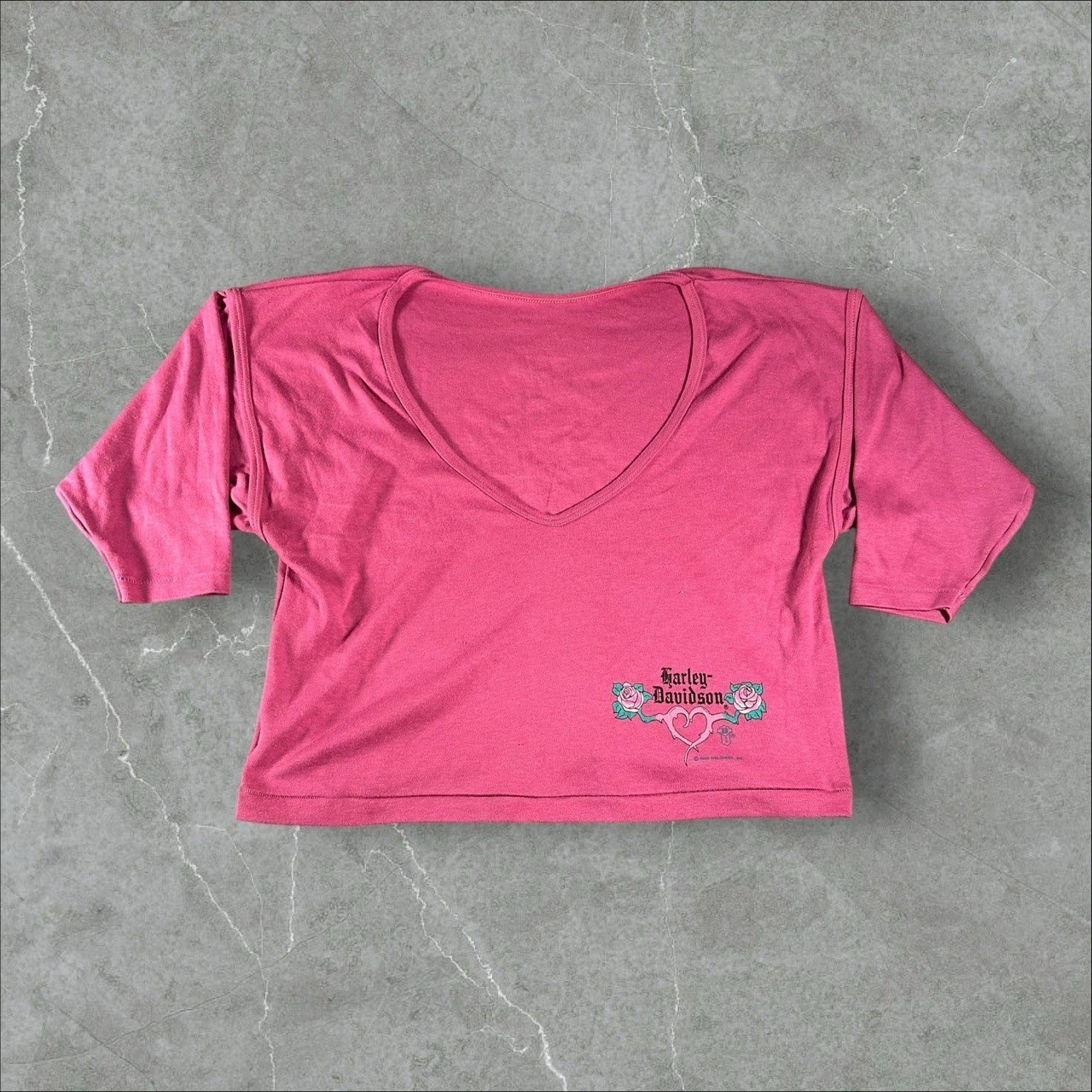 Vintage Harley-Davidson Shirt Womens Large Pink Floral V Neck 80s Biker Holubek