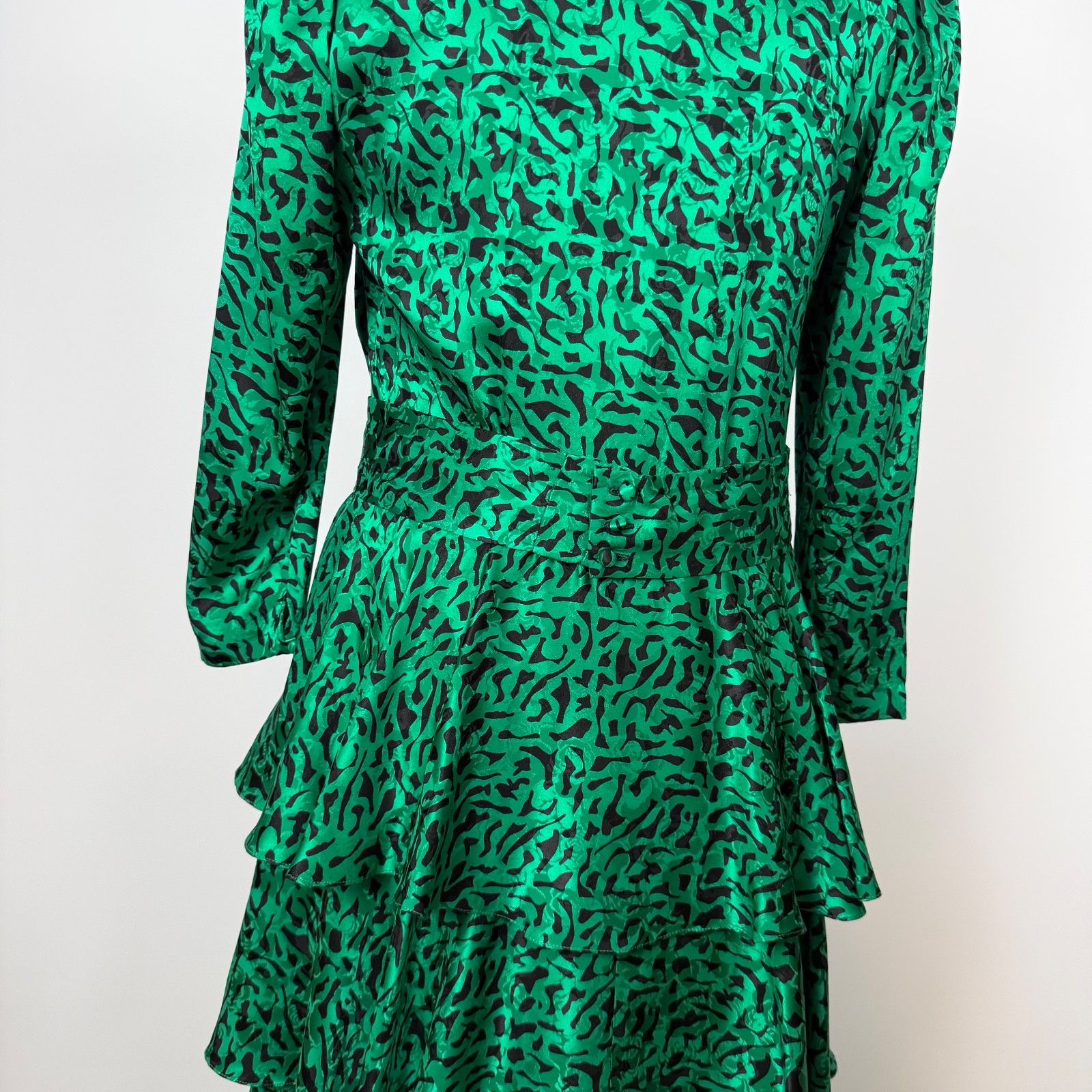 VTG Richard Warren Saks Fifth Ave Silk Dress 12 Green Animal Print Tiered Ruffle