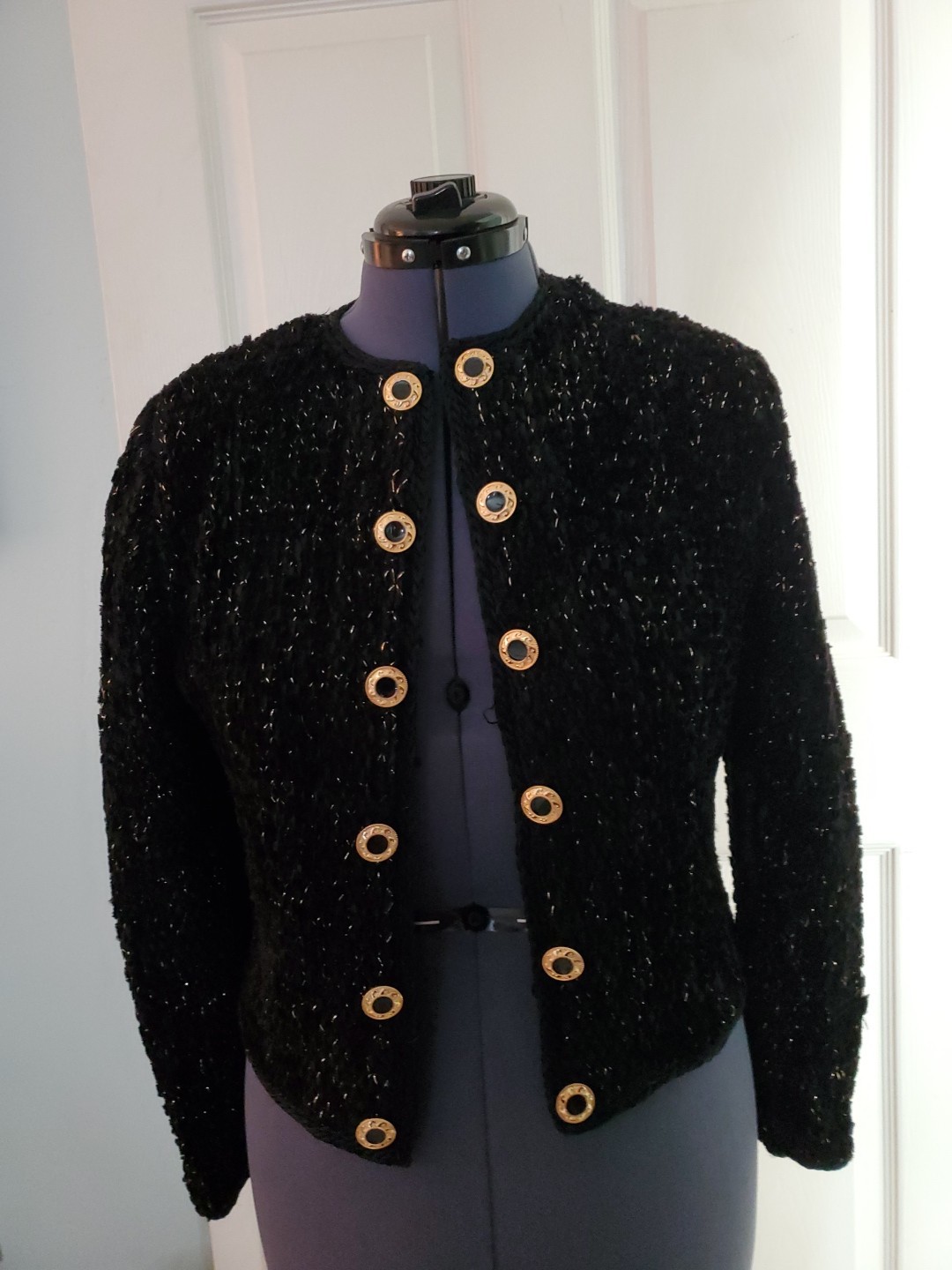 VINTAGE ESTELLE GRACER Handwoven Artisan Black Sparkle Cardigan Sweater 1991