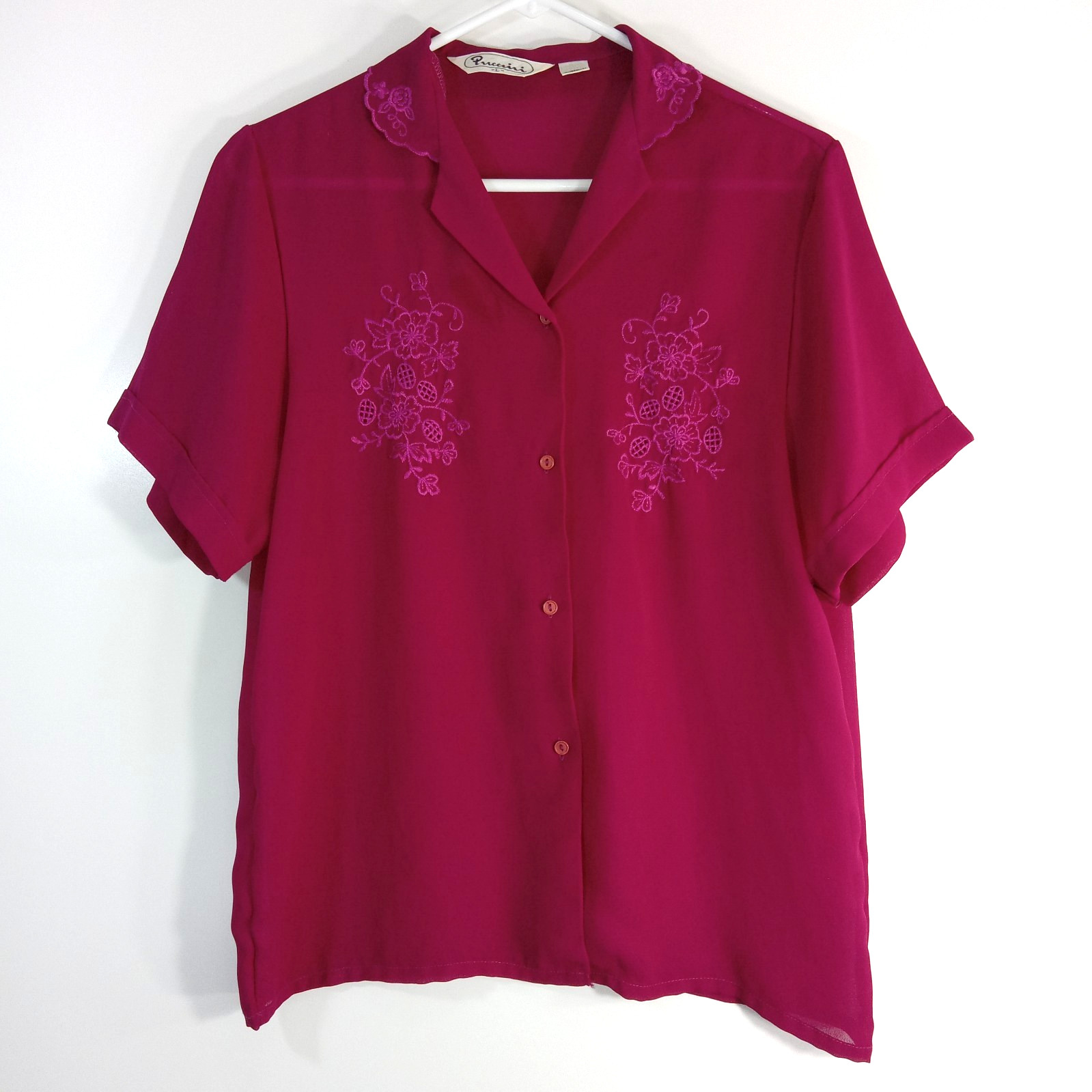 Vintage Puccini Blouse Chiffon Floral Eyelet Design Button Up Pink Womens Large