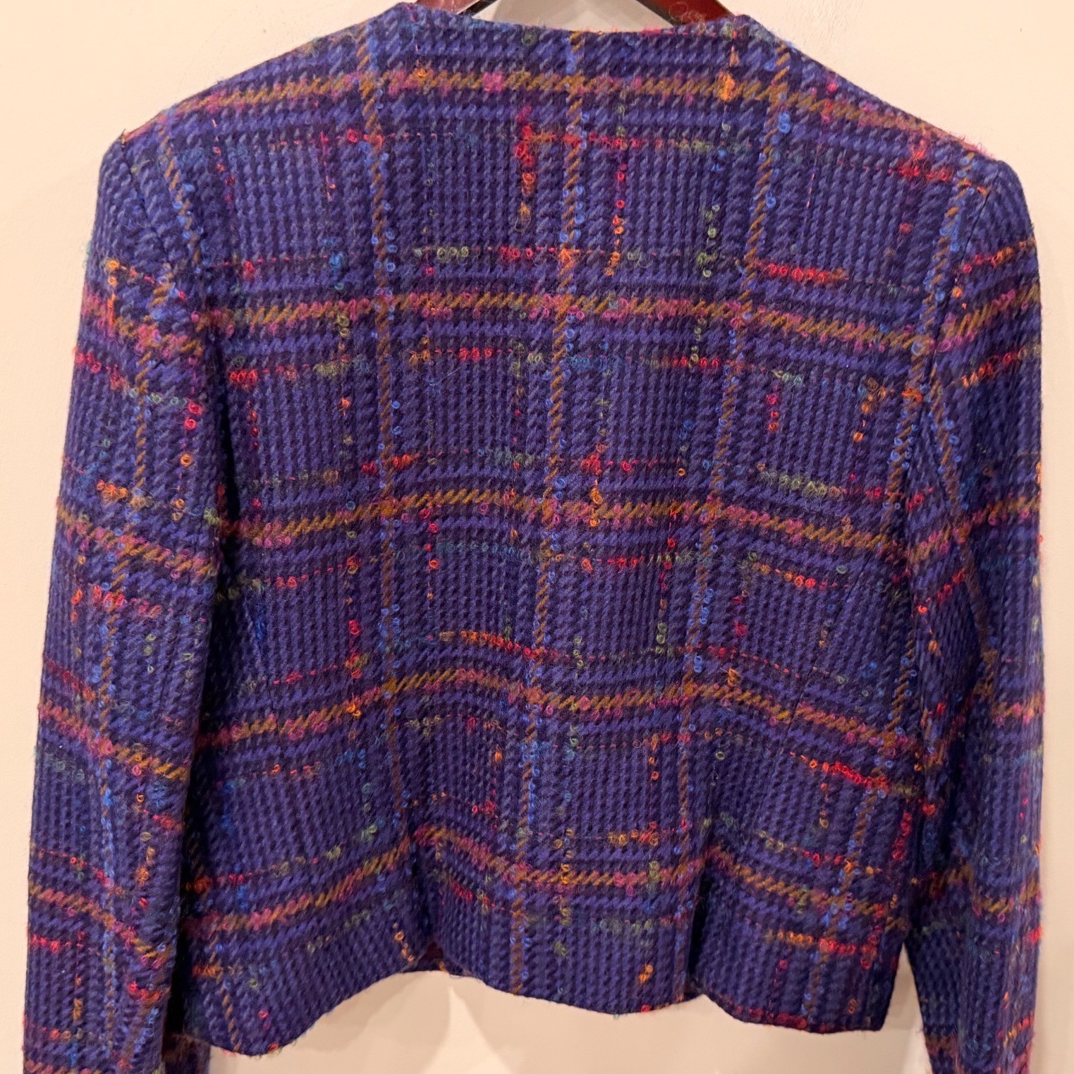 Lombardi Inc Vintage Purple Plaid Wool Cropped Jacket Fringe Button Up Size 14