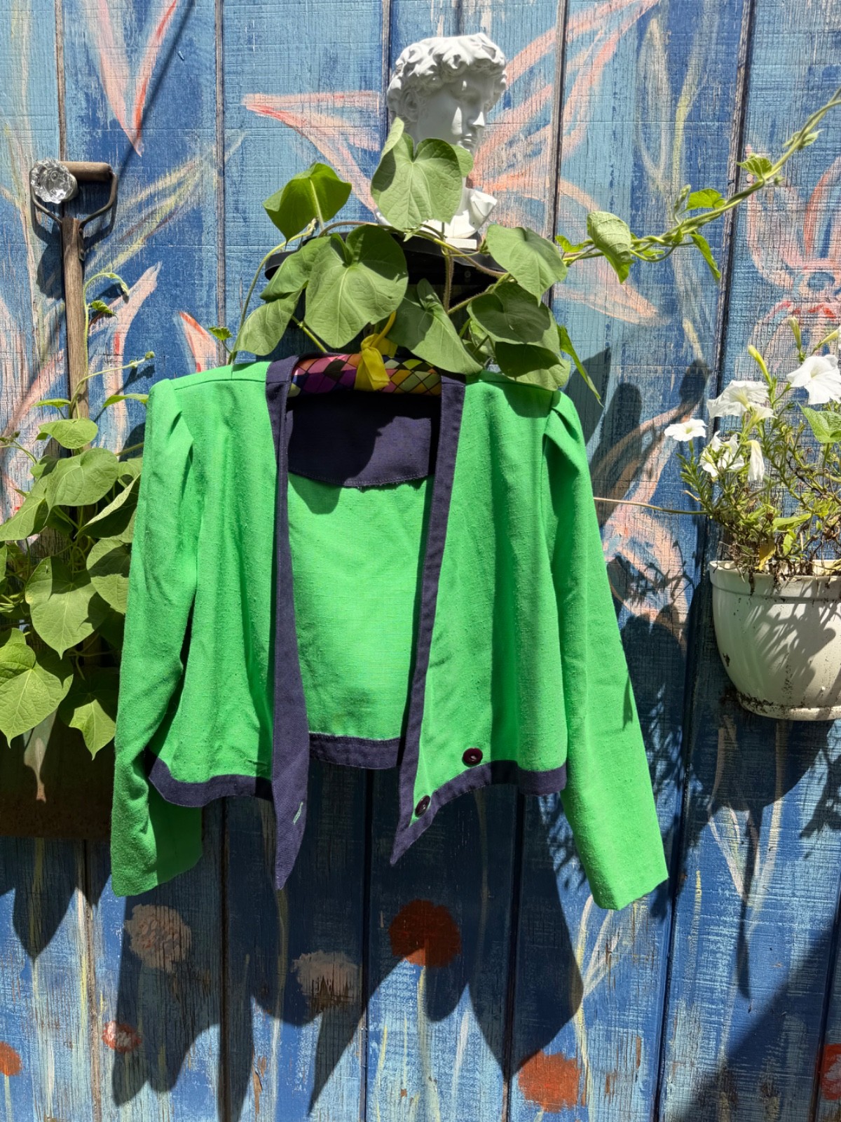 Vtg 80s Cropped Colorblock Blazer Jacket Green Navy Blue Puff Shoulder Wrap S/M