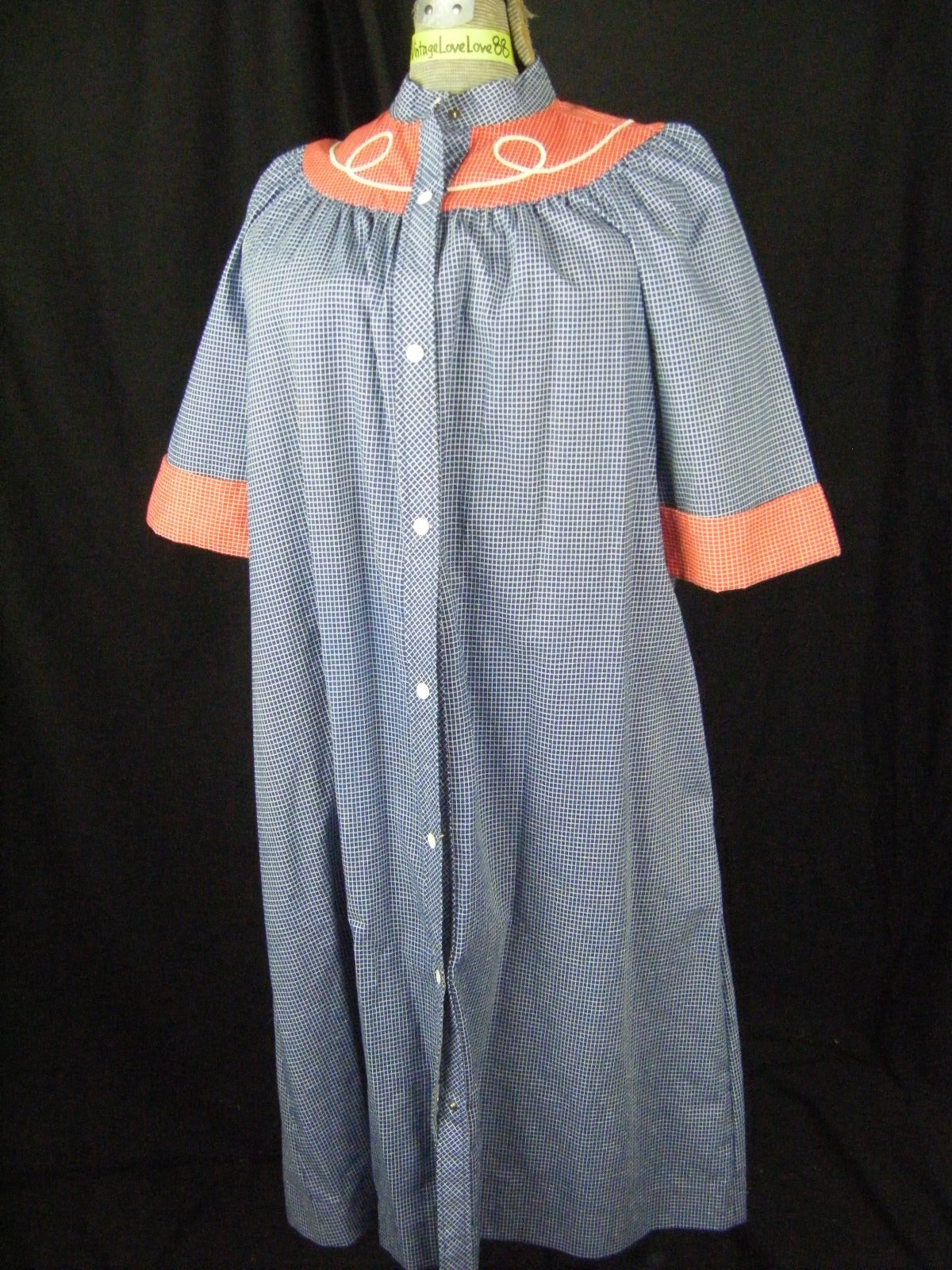 MODELS COAT Vtg 70-80s Blue Red Graham Plaids Lounge Dress-Bust 39/S-M