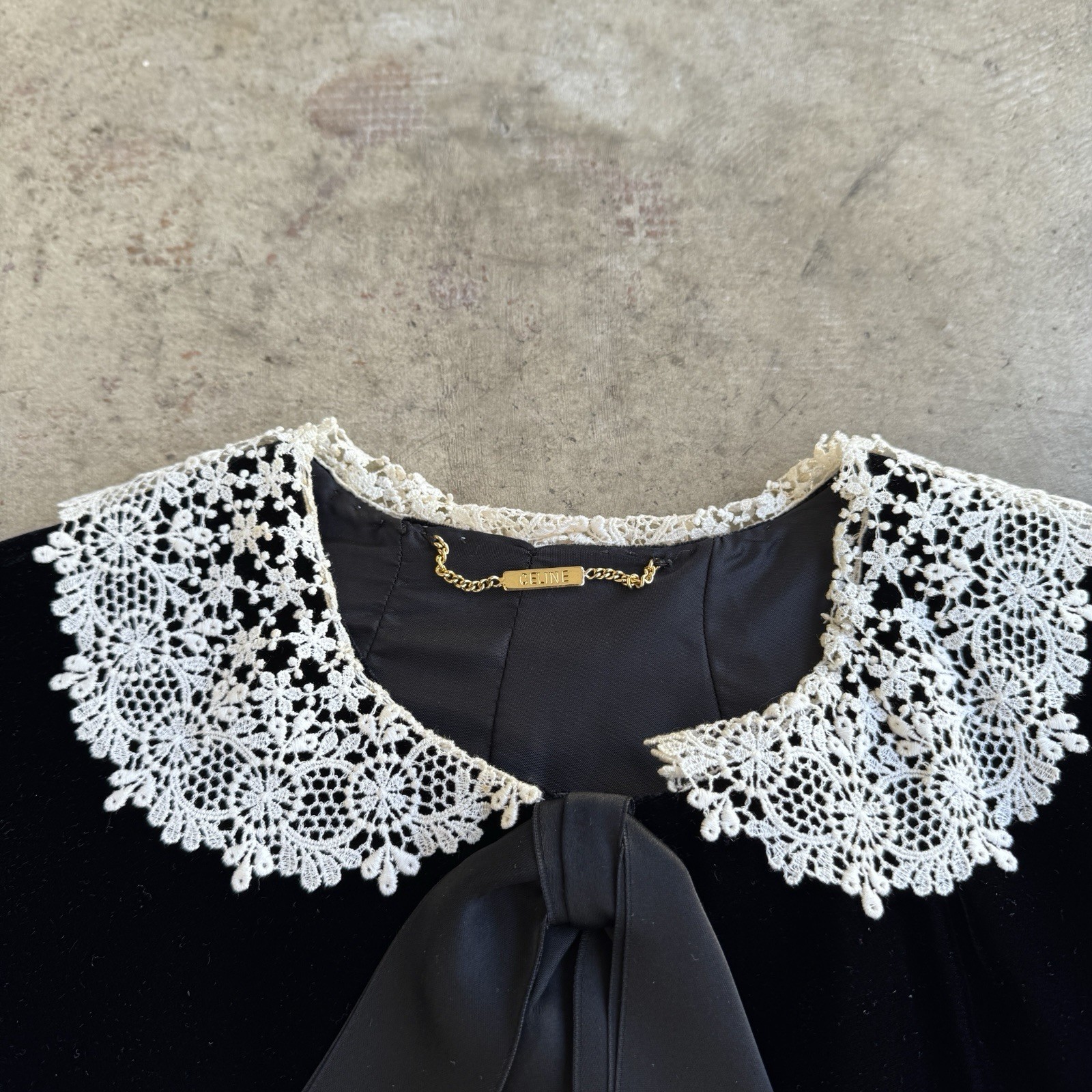 Vtg 80s Celine Velvet Blouse Lace Peter Pan Collar Jacket Tie Ribbon Silk Paris