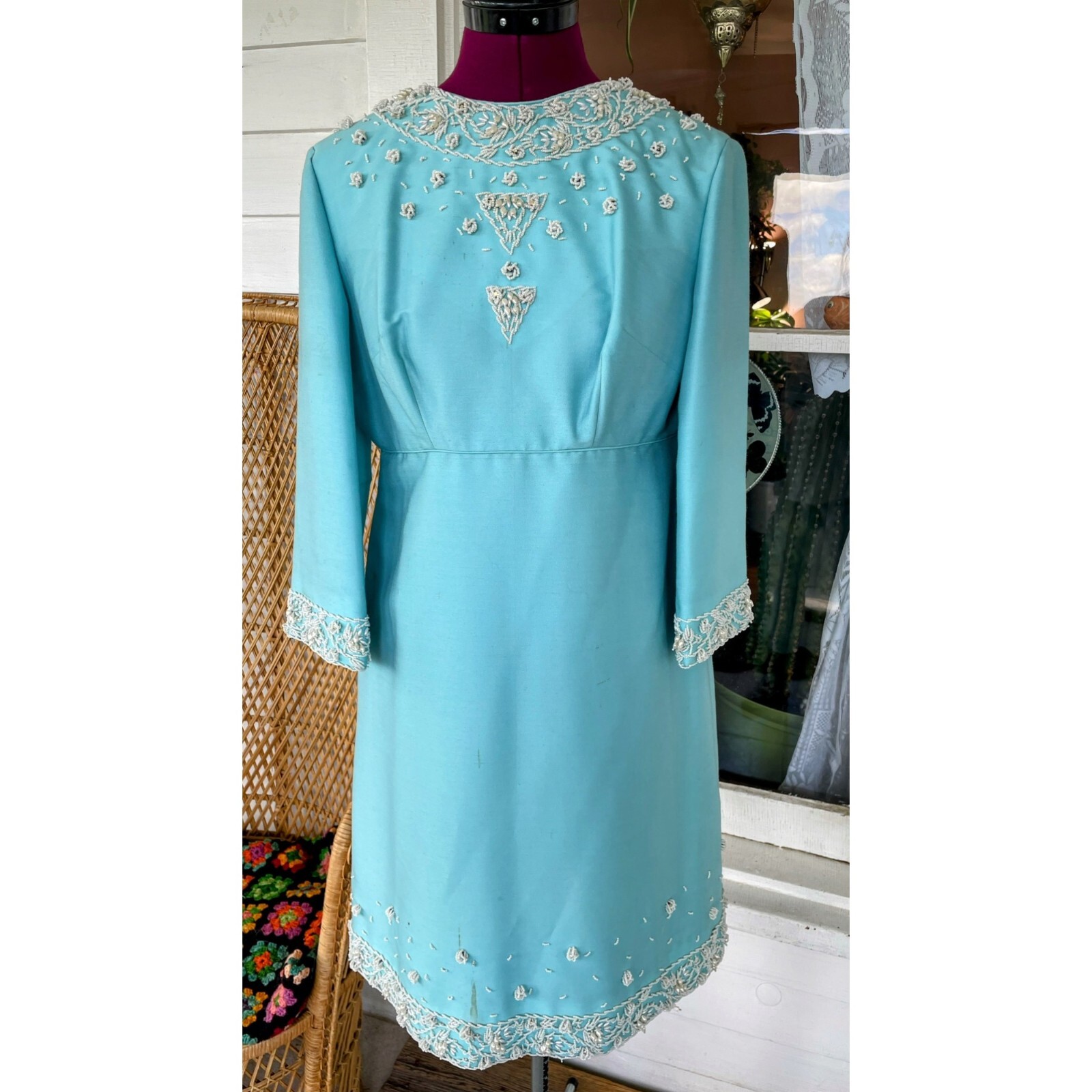 Vintage 1960s Blue Heavy Beaded Silk/wool Blend Midi Dress