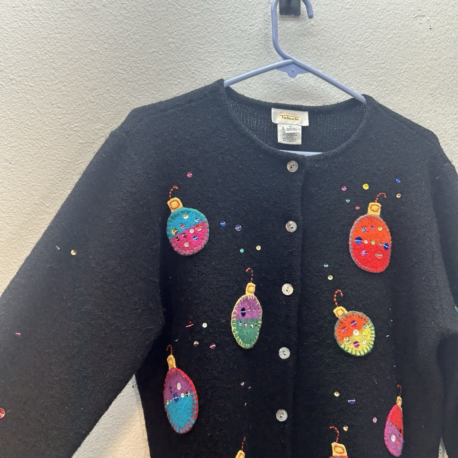 Vtg Talbots Sz M Holiday Winter Cardigan Sweater 100% Wool Christmas Ornaments