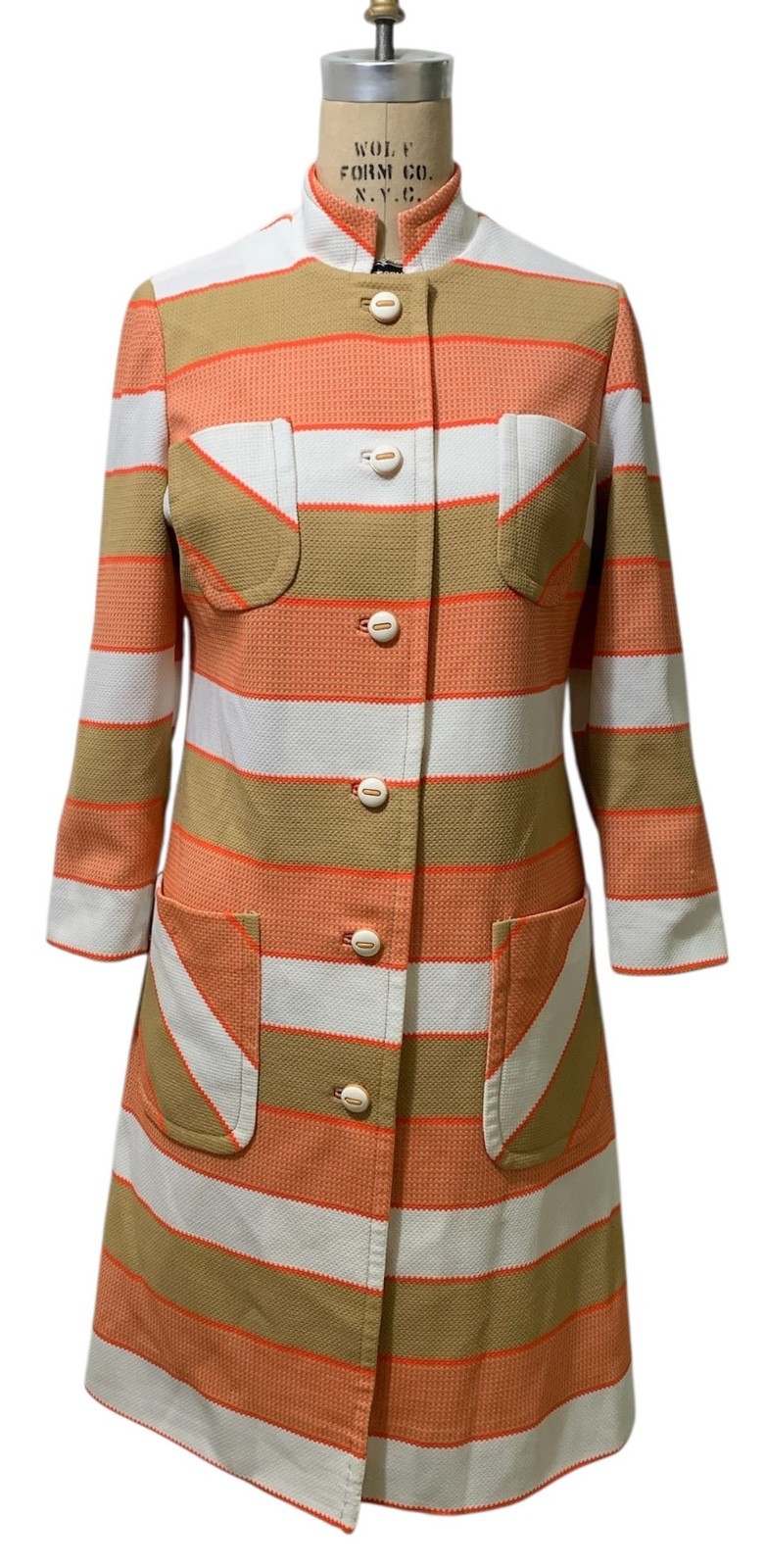 HANBURY LTD. Vintage 70s Women’s Mod Orange Tan White Striped Coat Dress – Sz M