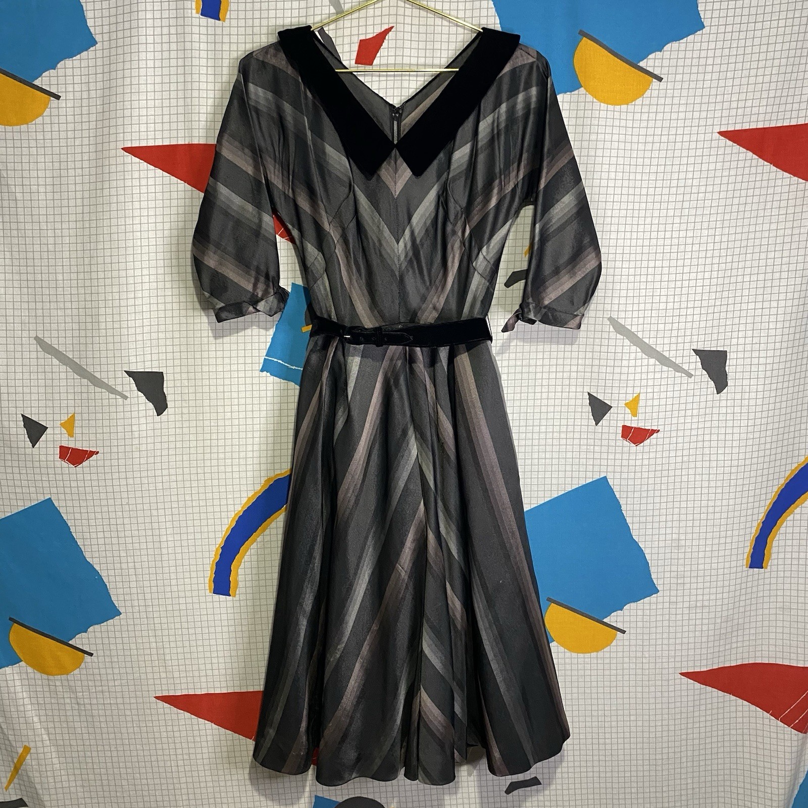 Vintage 40s 50s R&K Chevron Dress Velvet Stripe M Ombré Rockabilly Lurex Taffeta