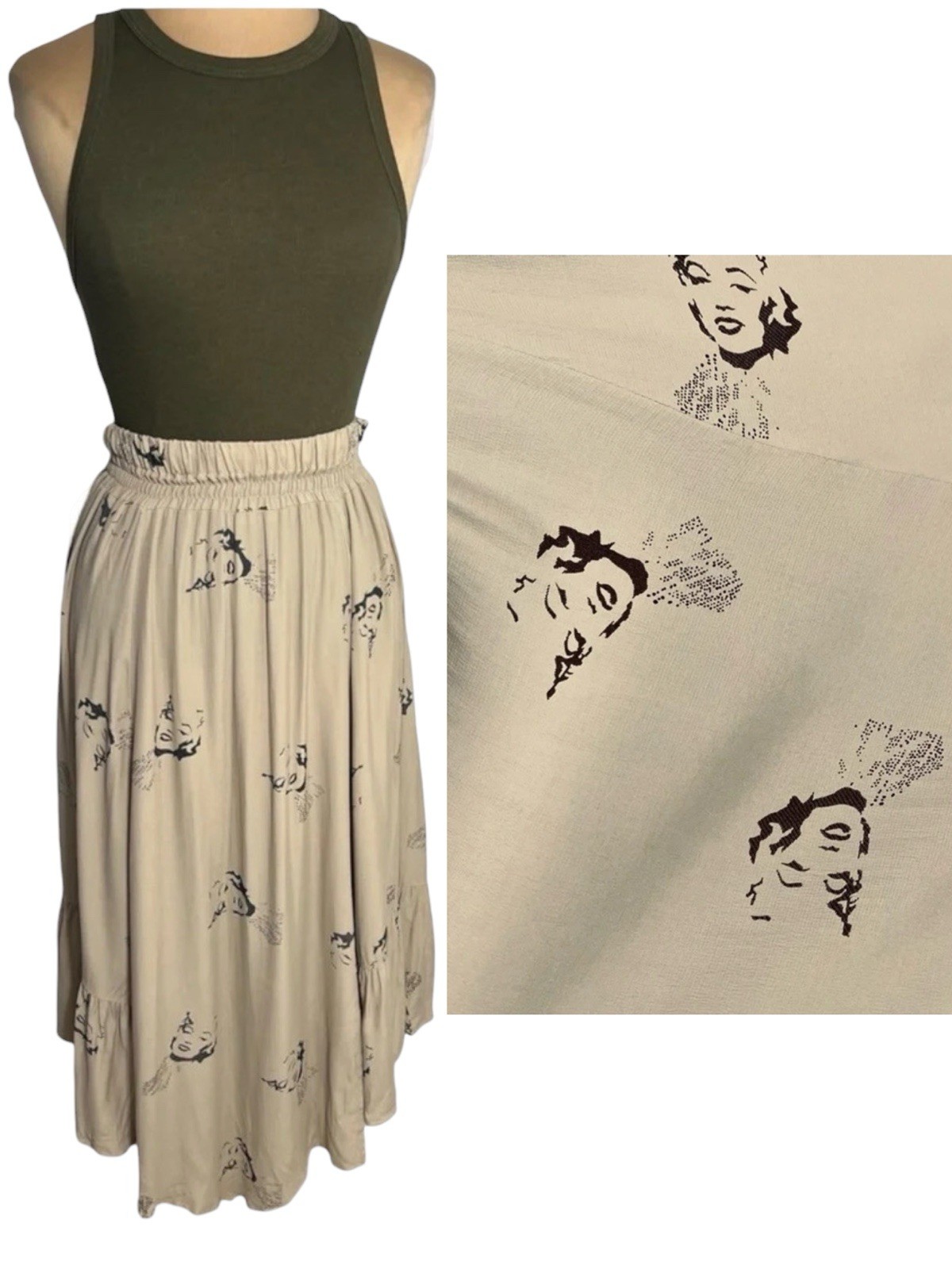 Vintage Miss Mod Marilyn Monroe Pop Art Print Midi Skirt Y2K Boho Ruffle Medium