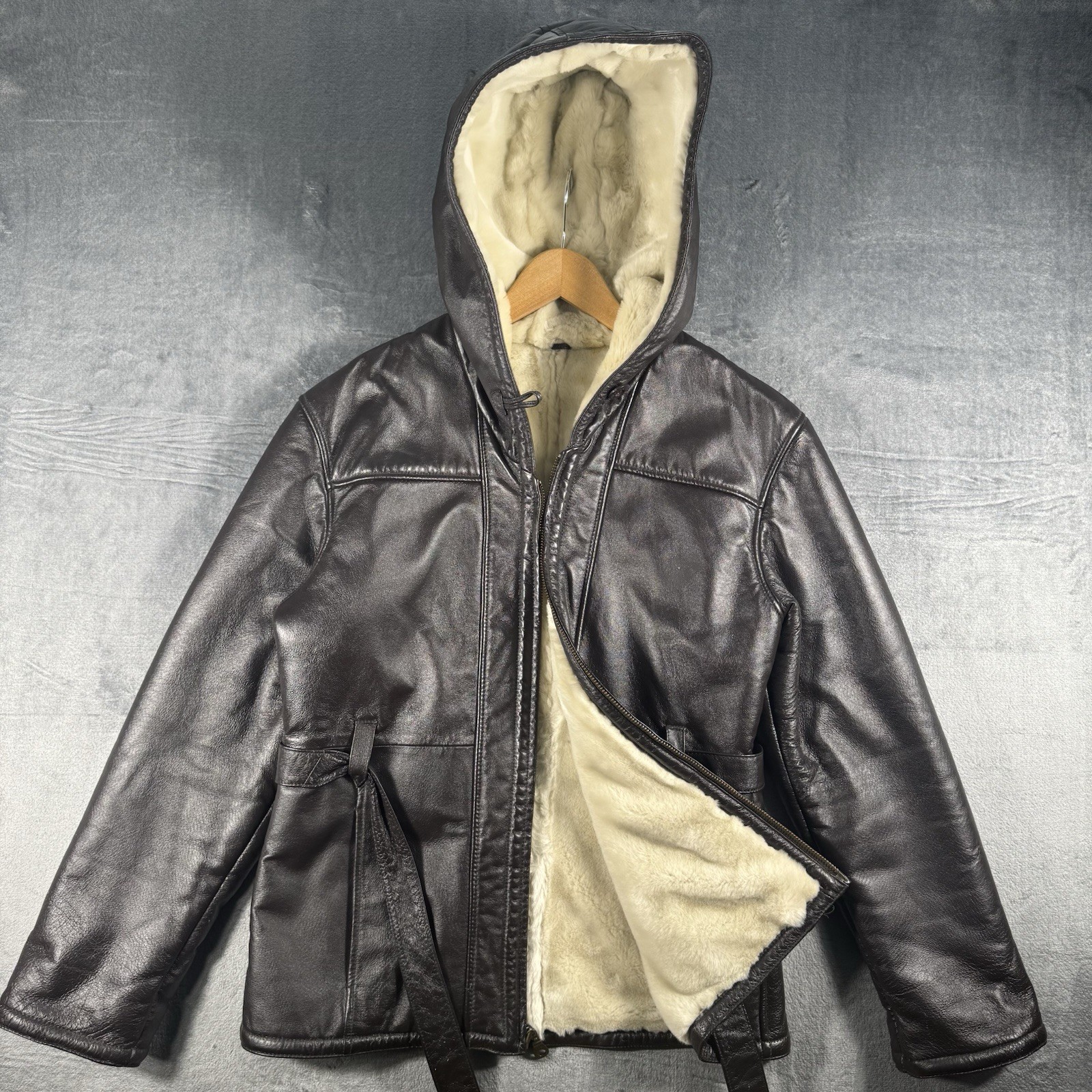 Wilsons Leather Genevieve Belted Hooded Jacket Womens M Black Faux Fur Lined Y2K