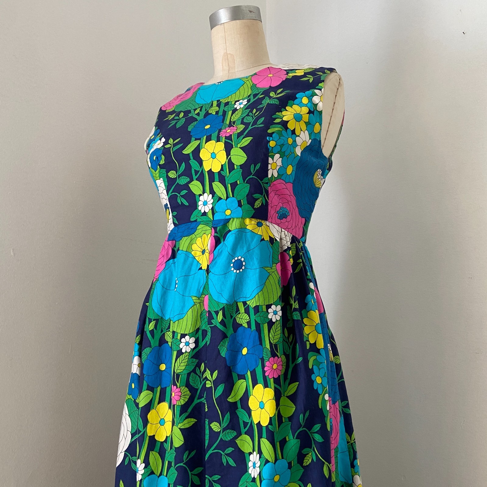 Vintage 1960s 1970s Floral Cotton Dress Maxi Blue Extra Small XS Small