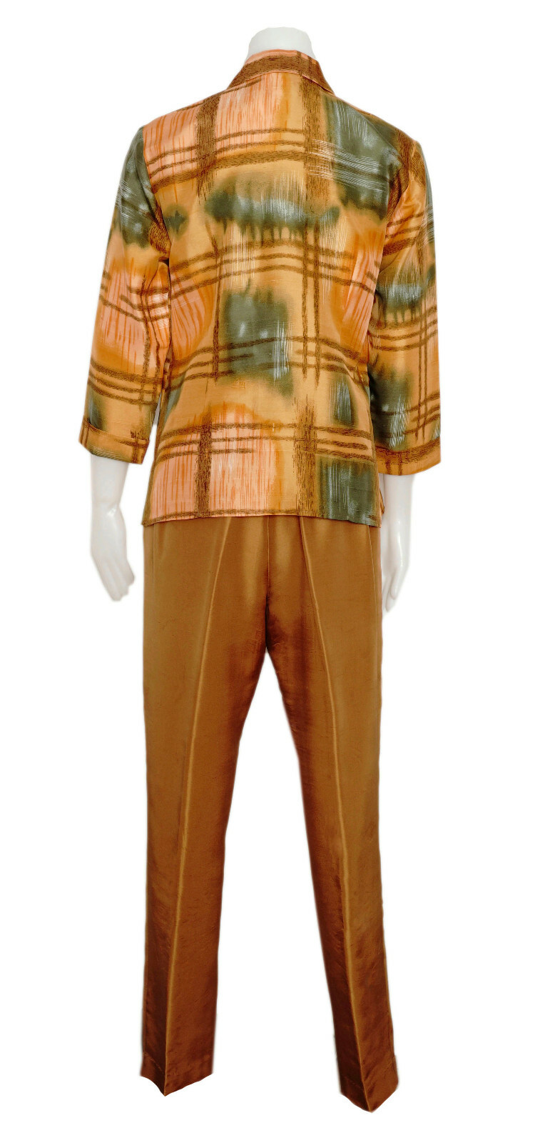 Retro Silk Blouse and Pant Set, Gold and Olive Green Print 2 Piece Size 6