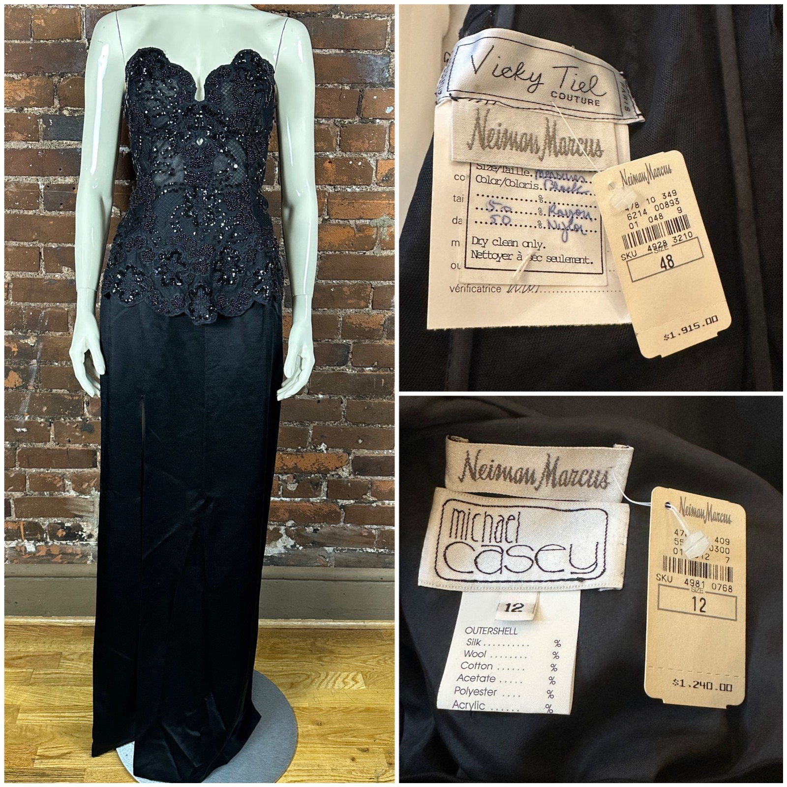 NWT VTG 1990s MICHAEL CASEY VICKY TIEL Black Lace Corset Maxi Skirt Two Piece