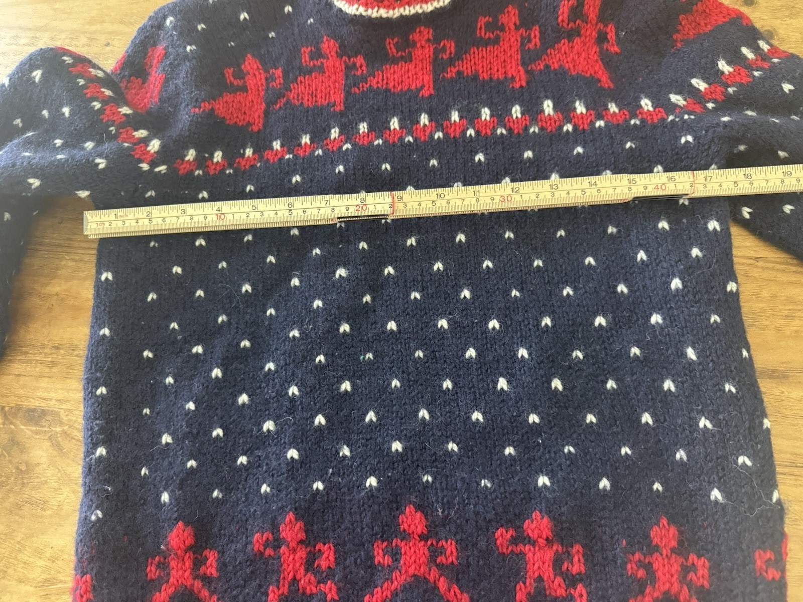 Vintage Norwegian Hand Knit 100% Wool Navy Red Pullover Sweater Sz S