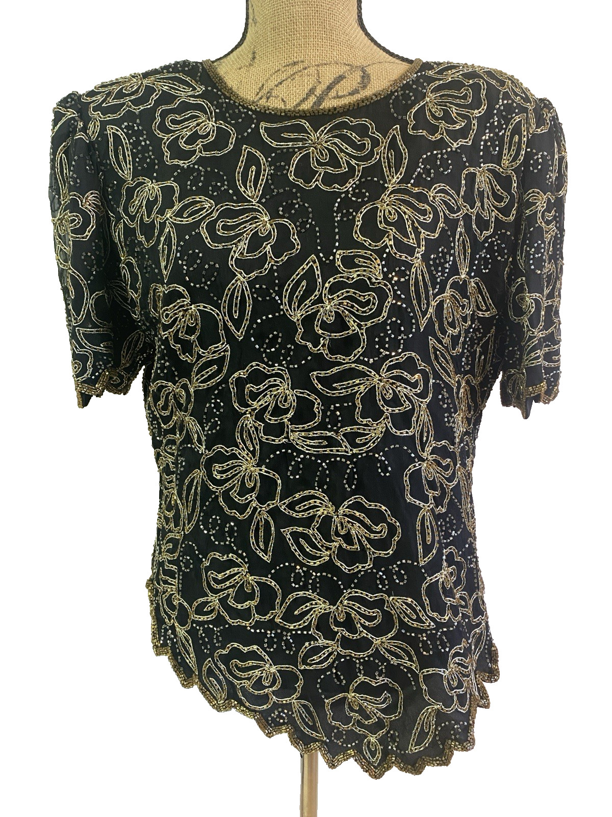 Vintage Lawrence Kazar Black Beaded Silk Top | Gold Silver Embellished | Size 1X