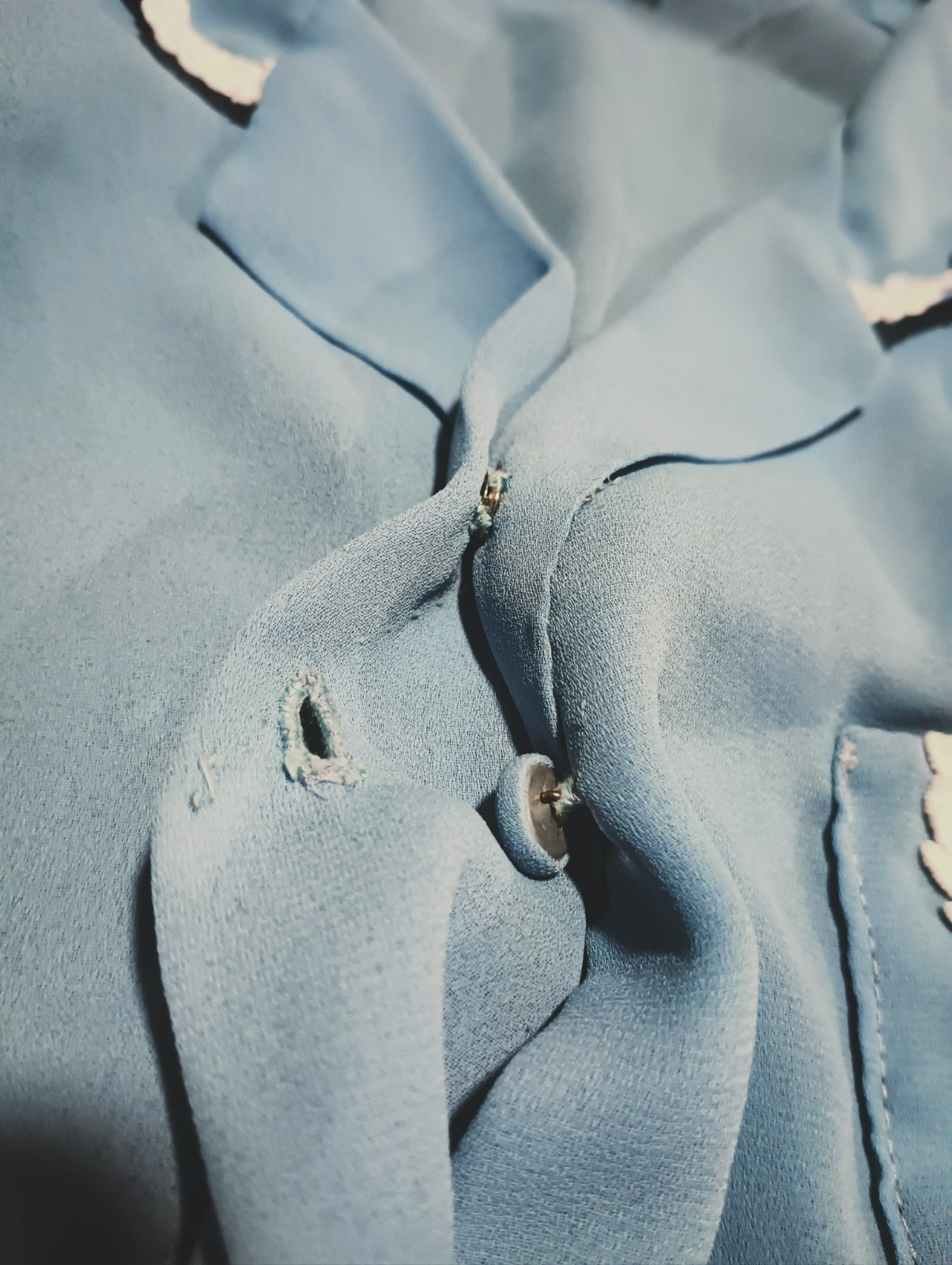 Vtg 70s Semi Sheer Baby Blue MOD Crochet Trim Career Office Blouse Top M