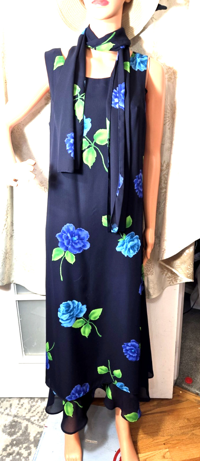 Diana Joy Fashions Floral Maxi Dress & Scarf Blue Roses Size M VTG