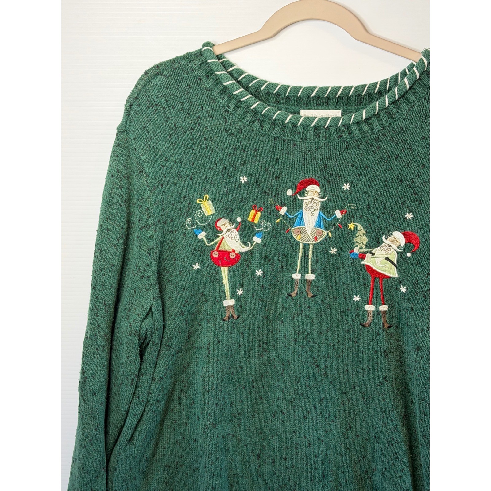 VTG CJ Banks Sweater Green Santa Hand Embroidery Holiday Ugly Christmas Women 2X