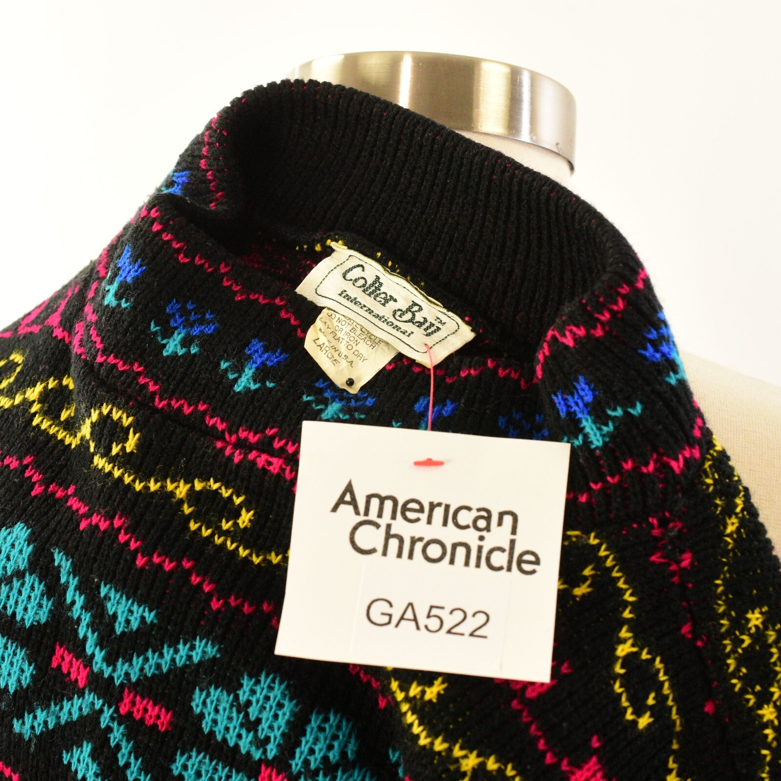 90s Vintage Tunic Sweater Funnel Neck Colorful Geometric Floral Womens Size L