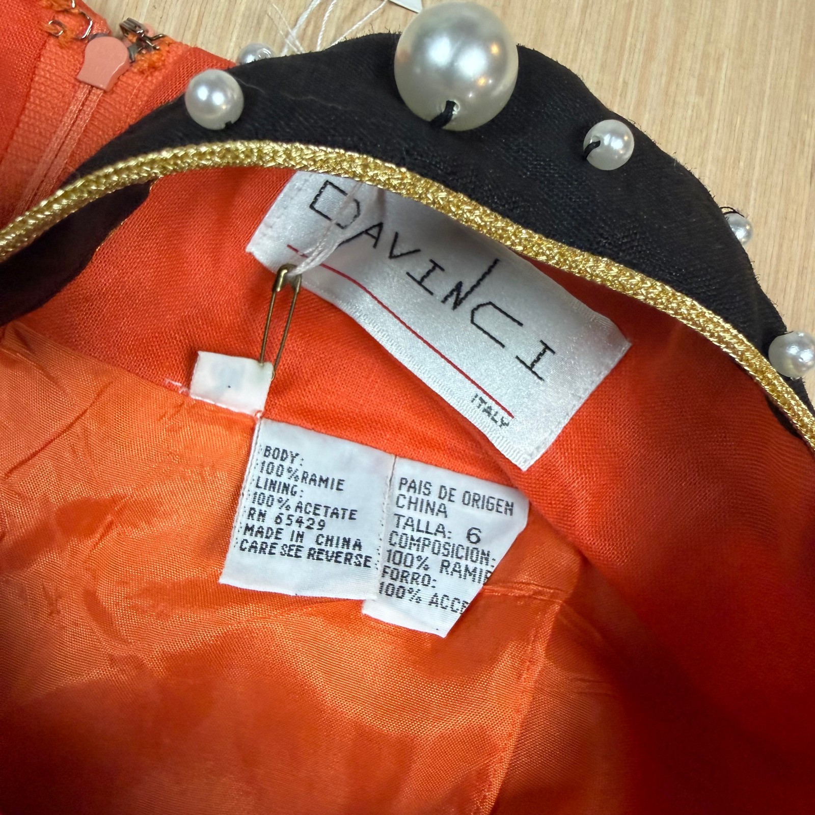 80s 90s Vintage Davinci Midi Dress Pearls Orange Black size 6 Party Festival